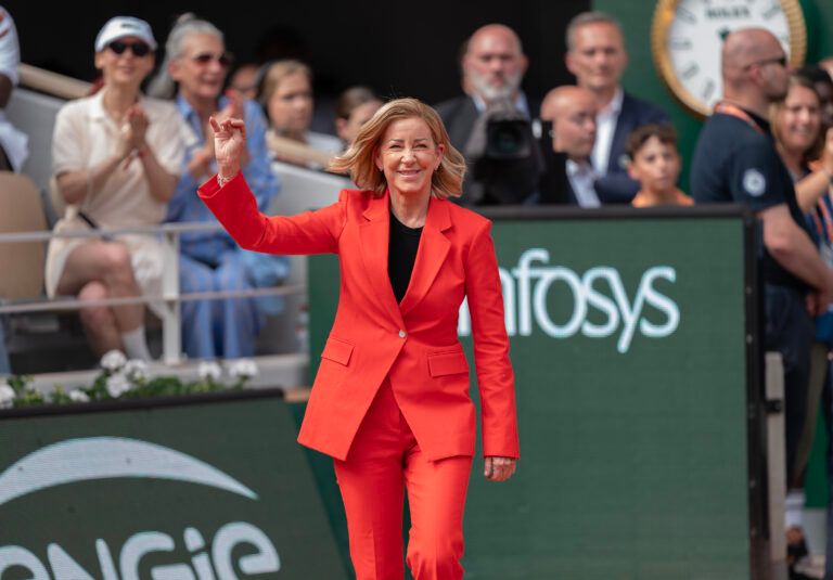 Jun8, 2024; Paris, France; Chris Evert enters the court for the trophy presentation on day 14 of Roland Garros at Stade Roland Garros.