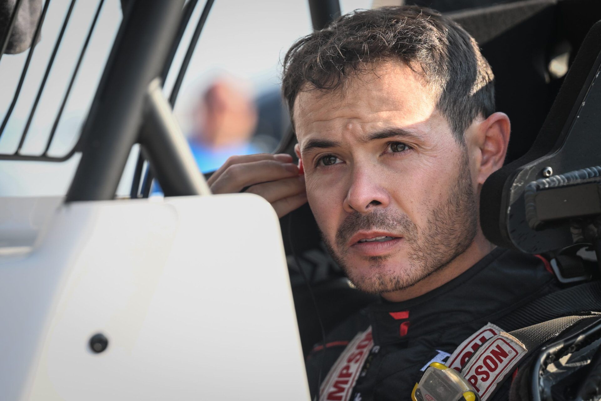 Kyle Larson (57) gets ready to hit the track at the World of Outlaws sprint car event Friday, June 6, 2025, at the Plymouth Dirt Track in Plymouth, Wisconsin.