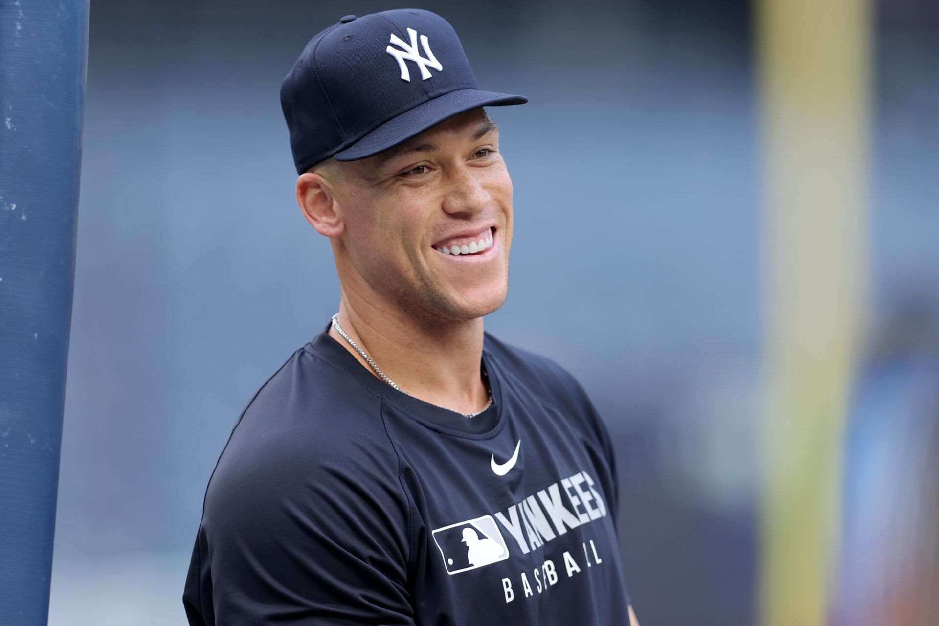 New York Yankees right fielder Aaron Judge (99) smiles during batting practice before a game against the Boston Red Sox at Yankee Stadium.