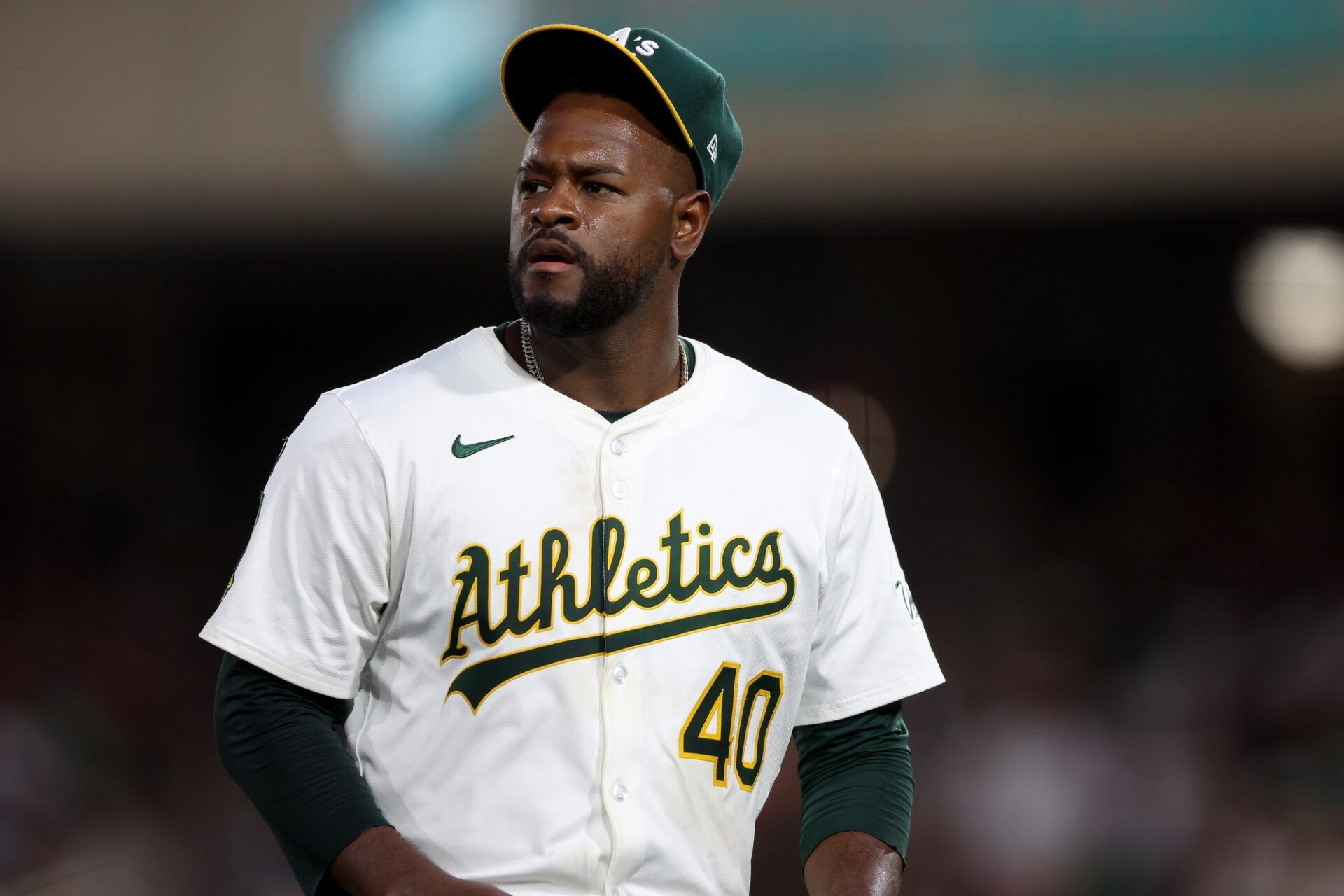 Athletics starting pitcher Luis Severino (40) walks back to the dugout after the fifth inning against the Baltimore Orioles at Sutter Health Park.