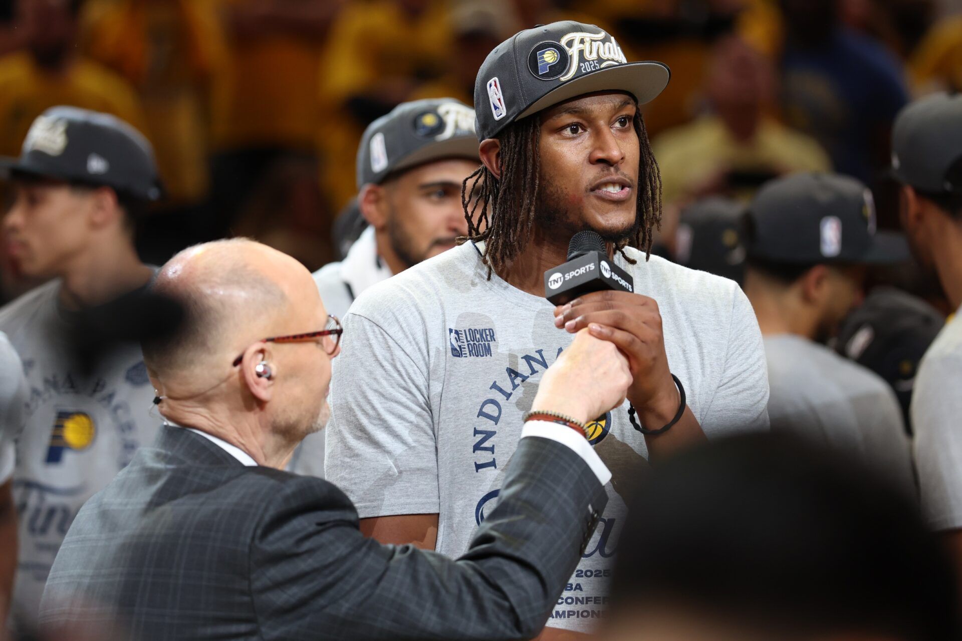 Ernie Johnson interviews Indiana Pacers center Myles Turner (33) after game six of the eastern conference finals against the New York Knicks for the 2025 NBA Playoffs at Gainbridge Fieldhouse.