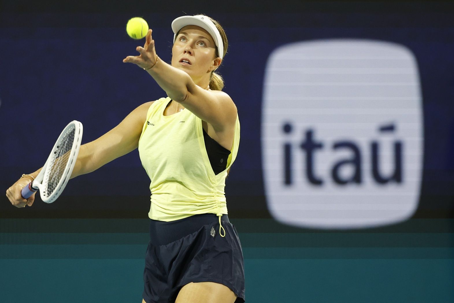 Danielle Collins (USA) serves against Sorana Cirstea (ROU)(not pictured) on day three of the Miami Open at Hard Rock Stadium.