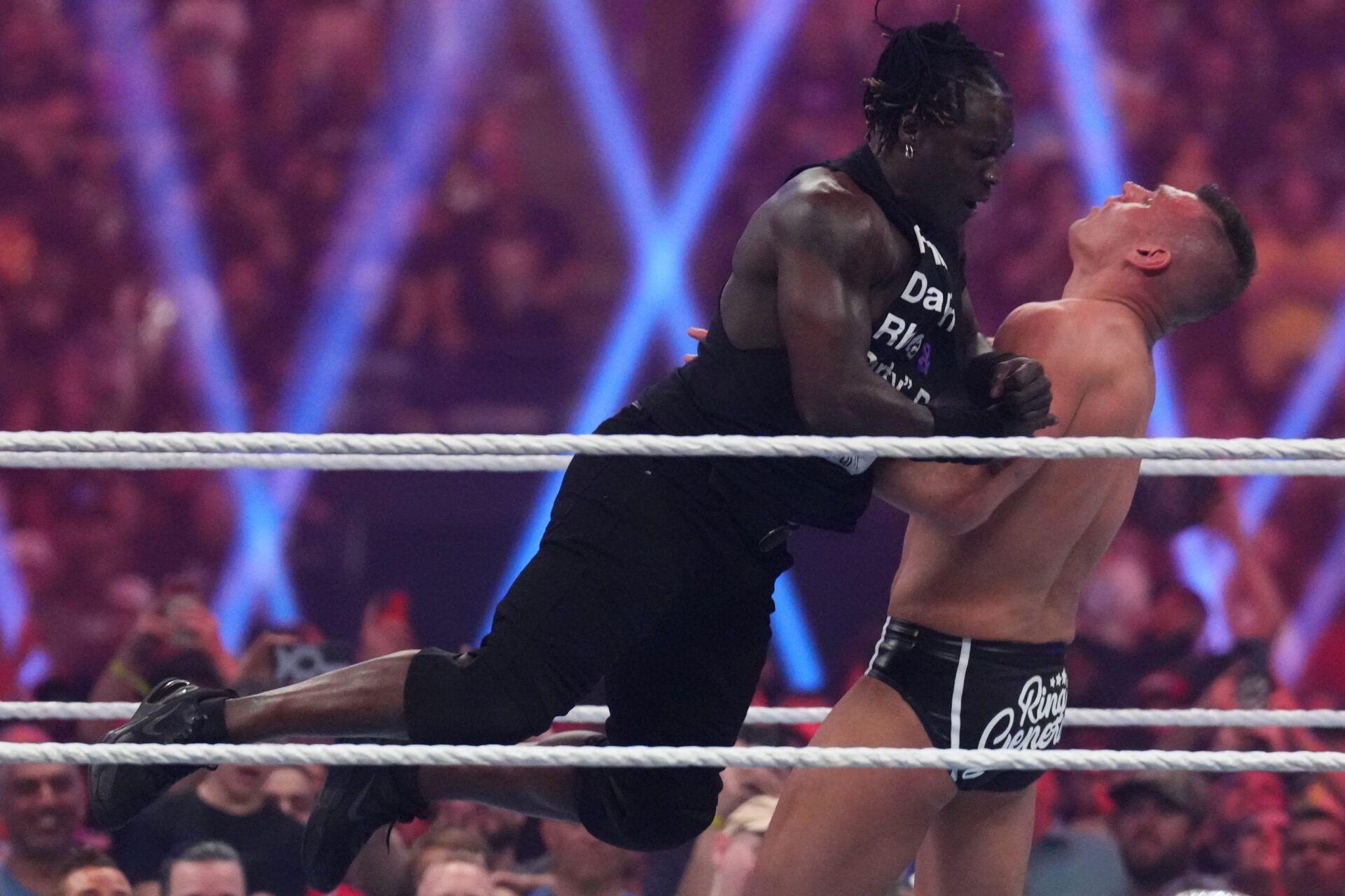 R-Truth attacks Gunther during the Men’s Royal Rumble match at Tropicana Field.