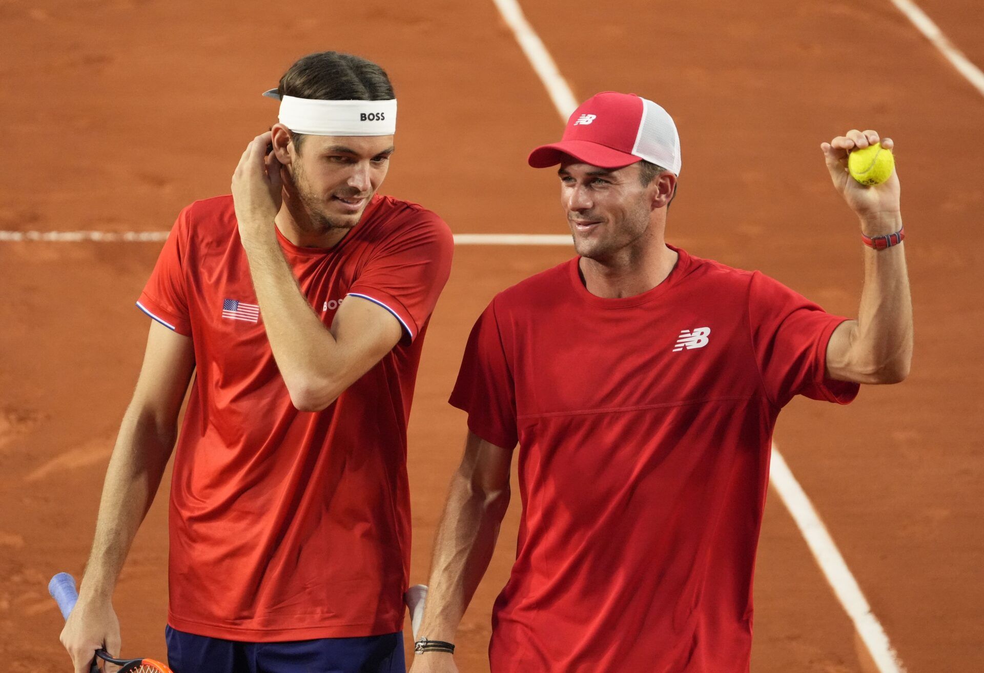 Taylor Fritz and Tommy Paul (USA) in a men's doubles quarterfinal match during the Paris 2024 Olympic Summer Games at Stade Roland Garros.