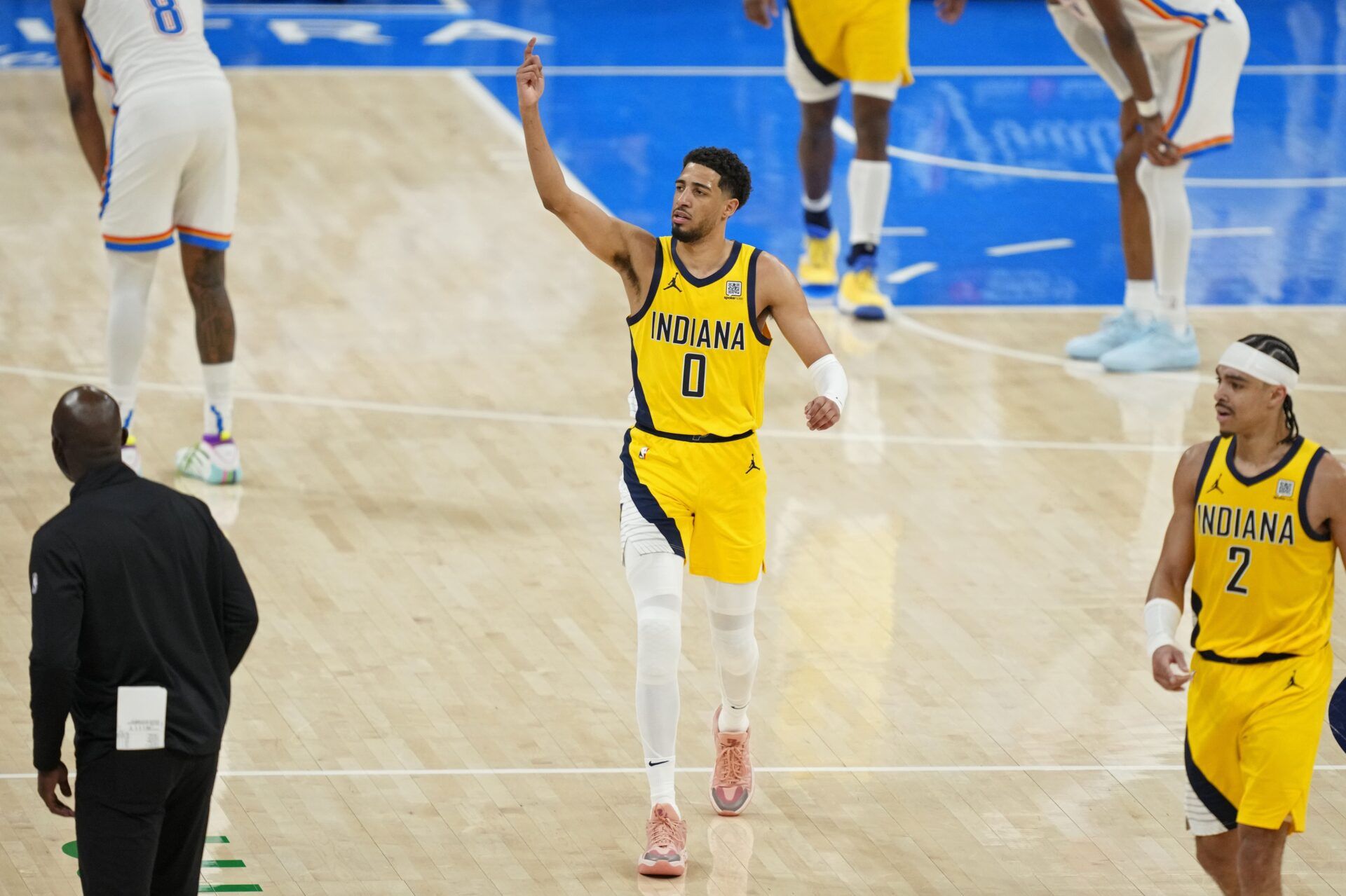 Indiana Pacers guard Tyrese Haliburton (0) reacts after a play against the Oklahoma City Thunder during the fourth quarter in game one of the 2025 NBA Finals at Paycom Center.