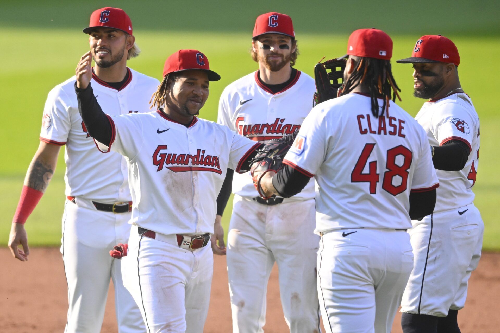 The Cleveland Guardians celebrate a win over the Los Angeles Angels at Progressive Field.