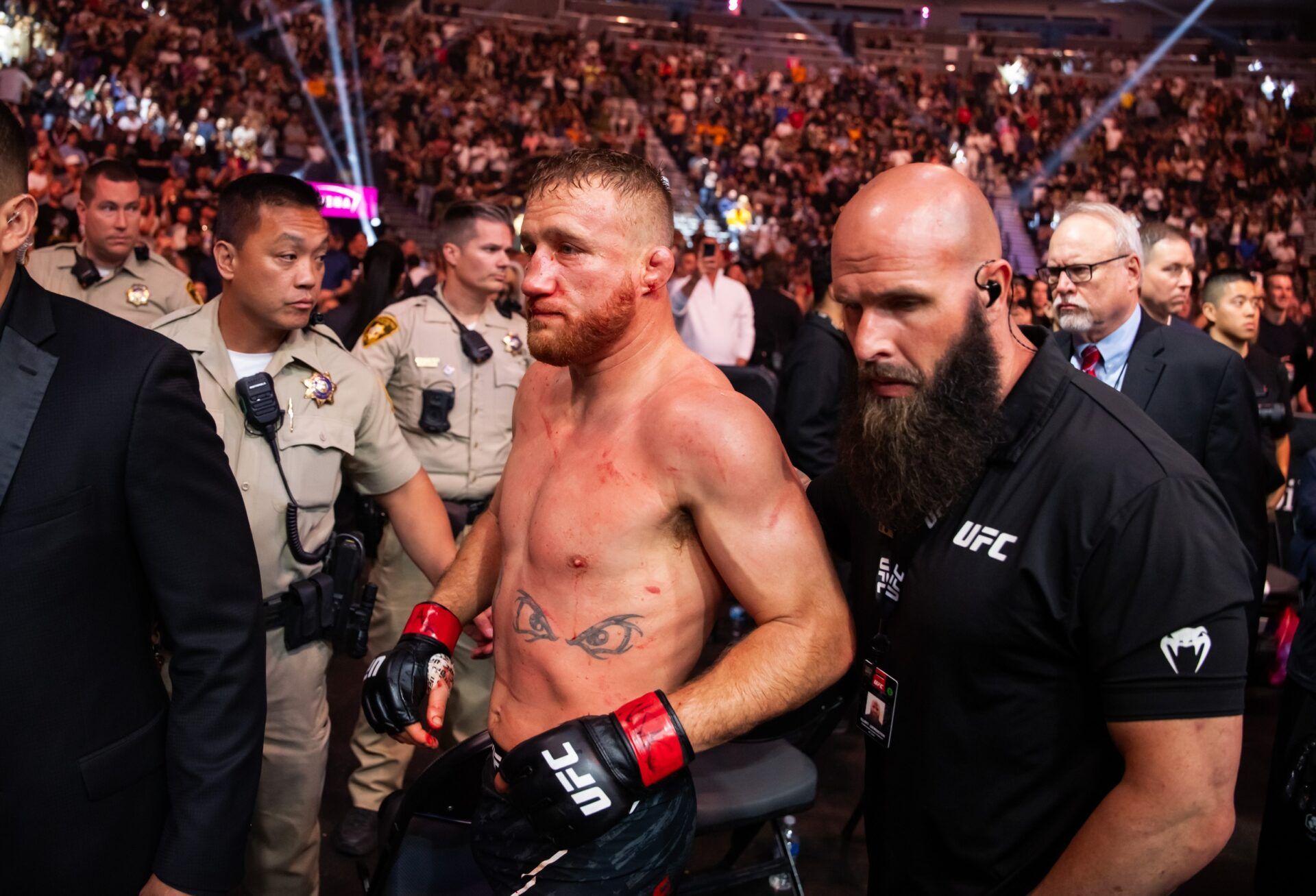 Justin Gaethje leaves the octagon after being knocked out by Max Holloway (not pictured) during UFC 300 at T-Mobile Arena.