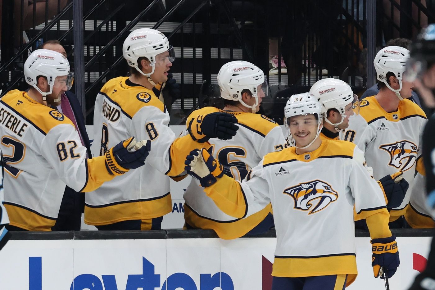 Nashville Predators defenseman Nick Blankenburg (37) celebrates a goal against the Utah Hockey Club during the second period at Delta Center.