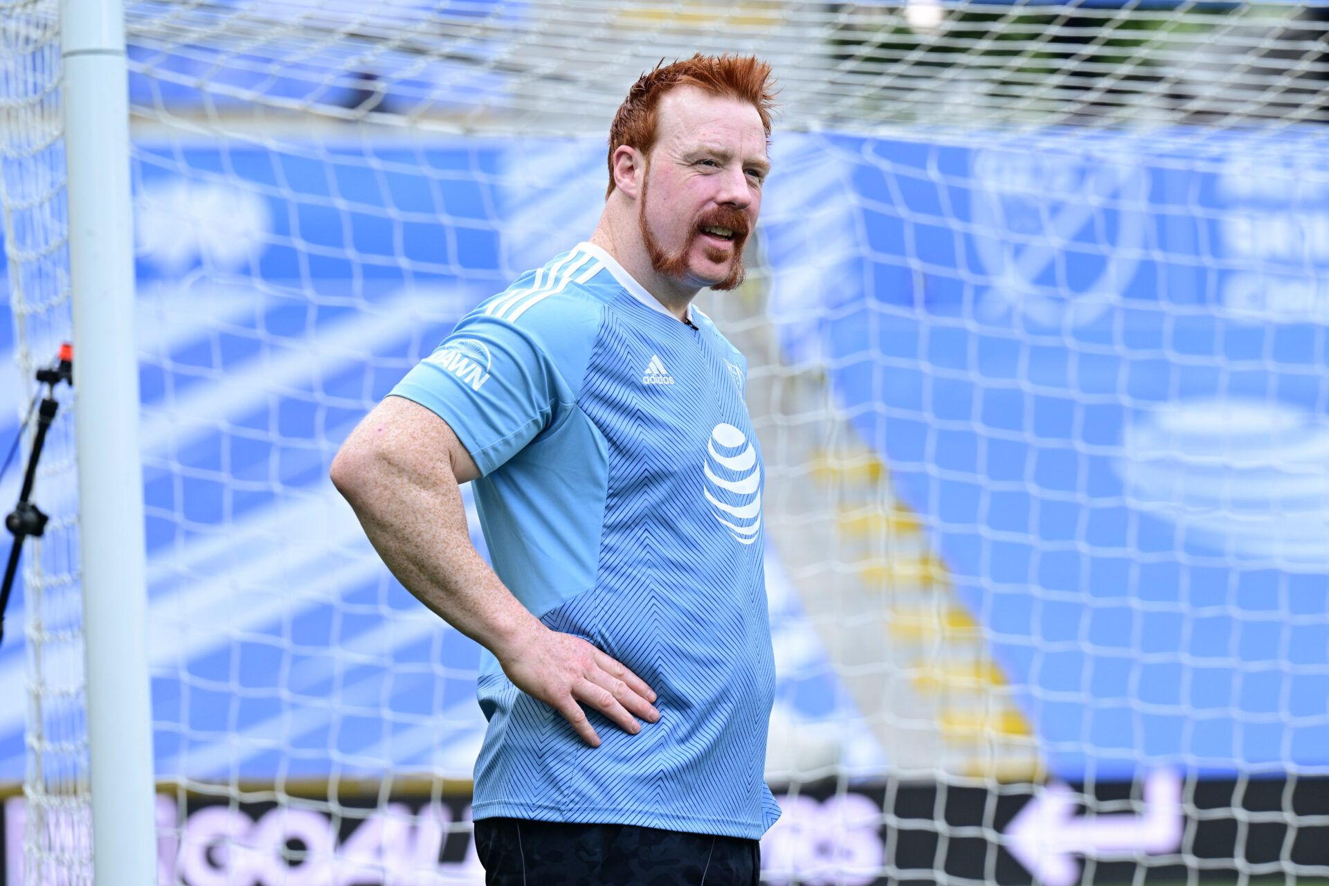WWE superstar Sheamus participates in Goalie Wars before the MLS Skills Challenge at Lower.com Field.