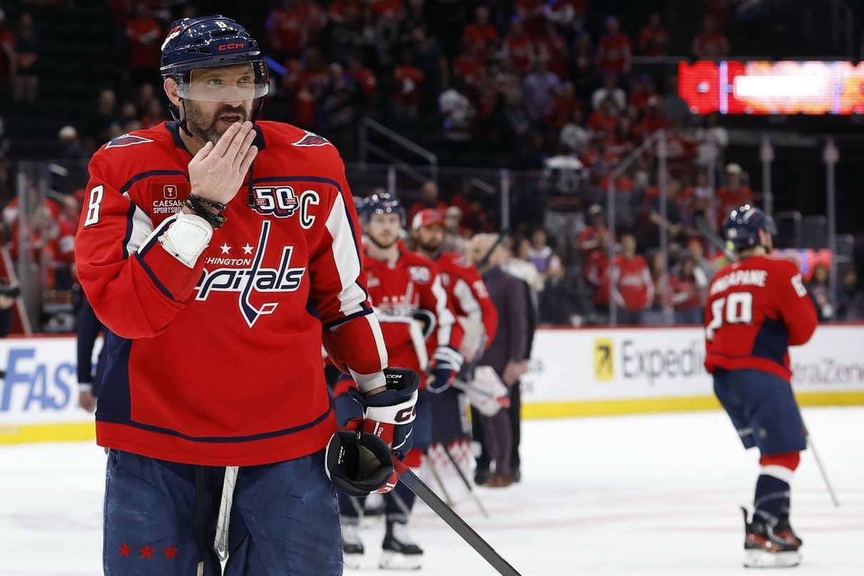 Washington Capitals left wing Alex Ovechkin (8) blows a kiss to his son in the stands after game five of the second round of the 2025 Stanley Cup Playoffs against the Carolina Hurricanes at Capital One Arena.