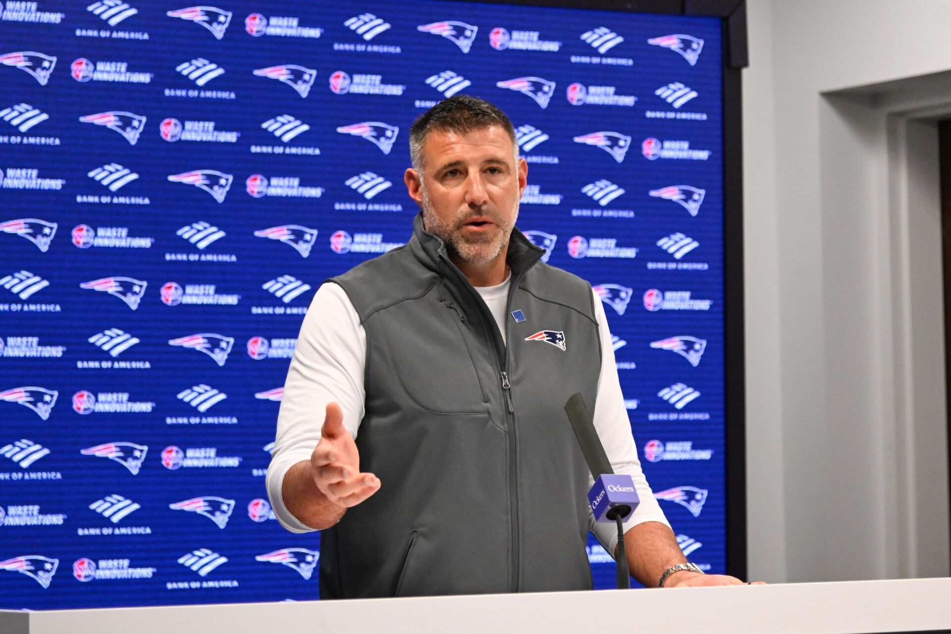 New England Patriots head coach Mike Vrabel speaks the to media during a press conference at Gillette Stadium.