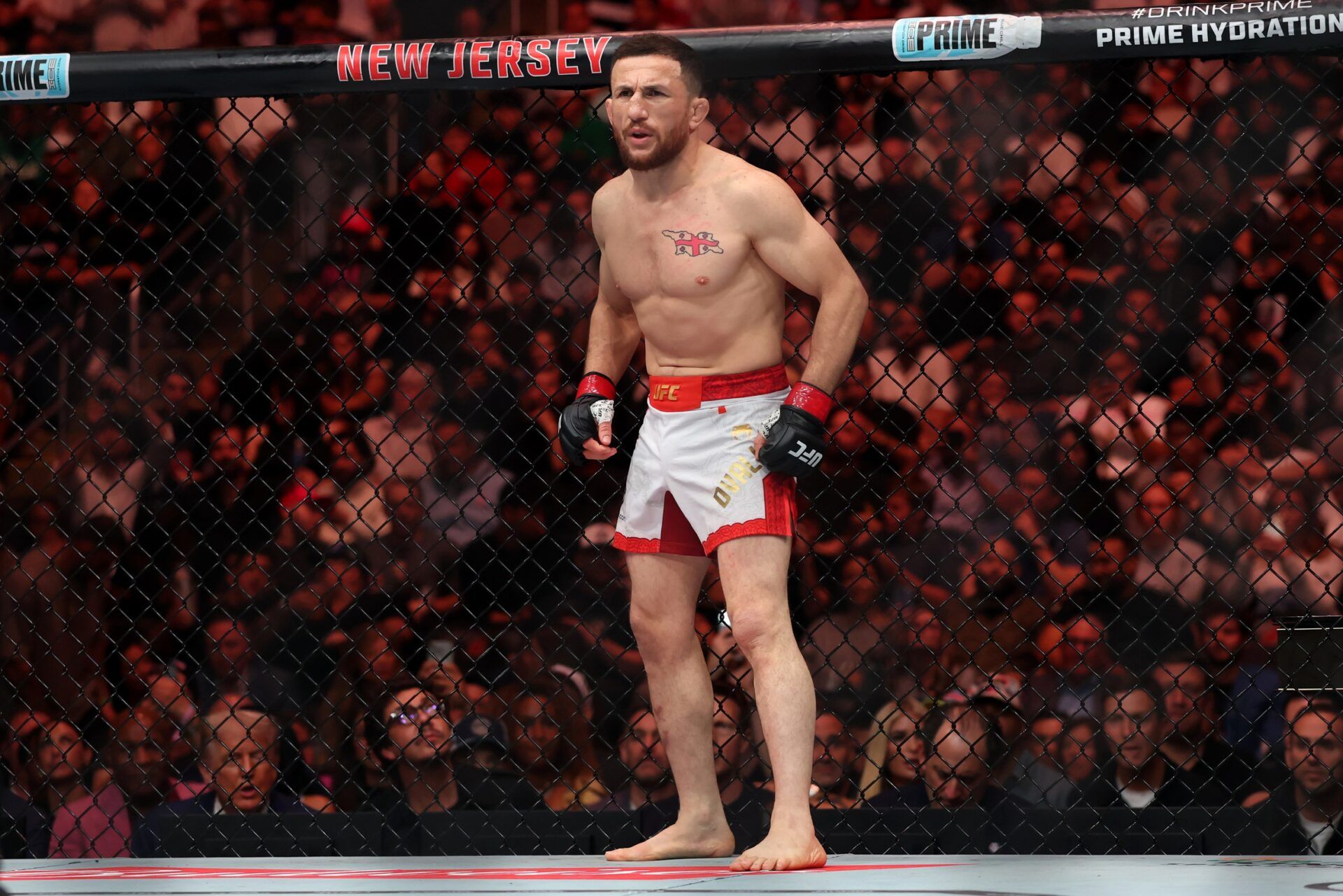 Merab Dvalishvili (red gloves) prepares to fight Sean O’Malley (not pictured) in a bantamweight title fight during UFC 316 at Prudential Center.