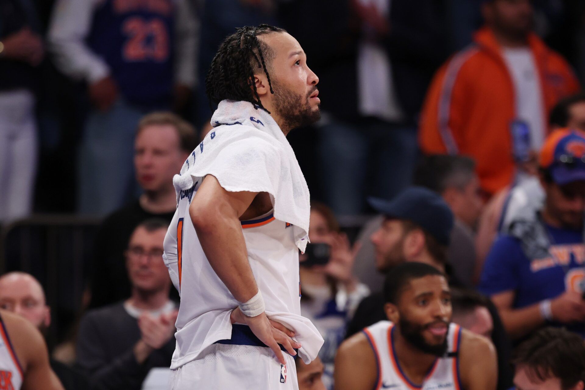 New York Knicks guard Jalen Brunson (11) looks on in the fourth quarter against the Indiana Pacers during game five of the eastern conference finals for the 2025 NBA Playoffs at Madison Square Garden.