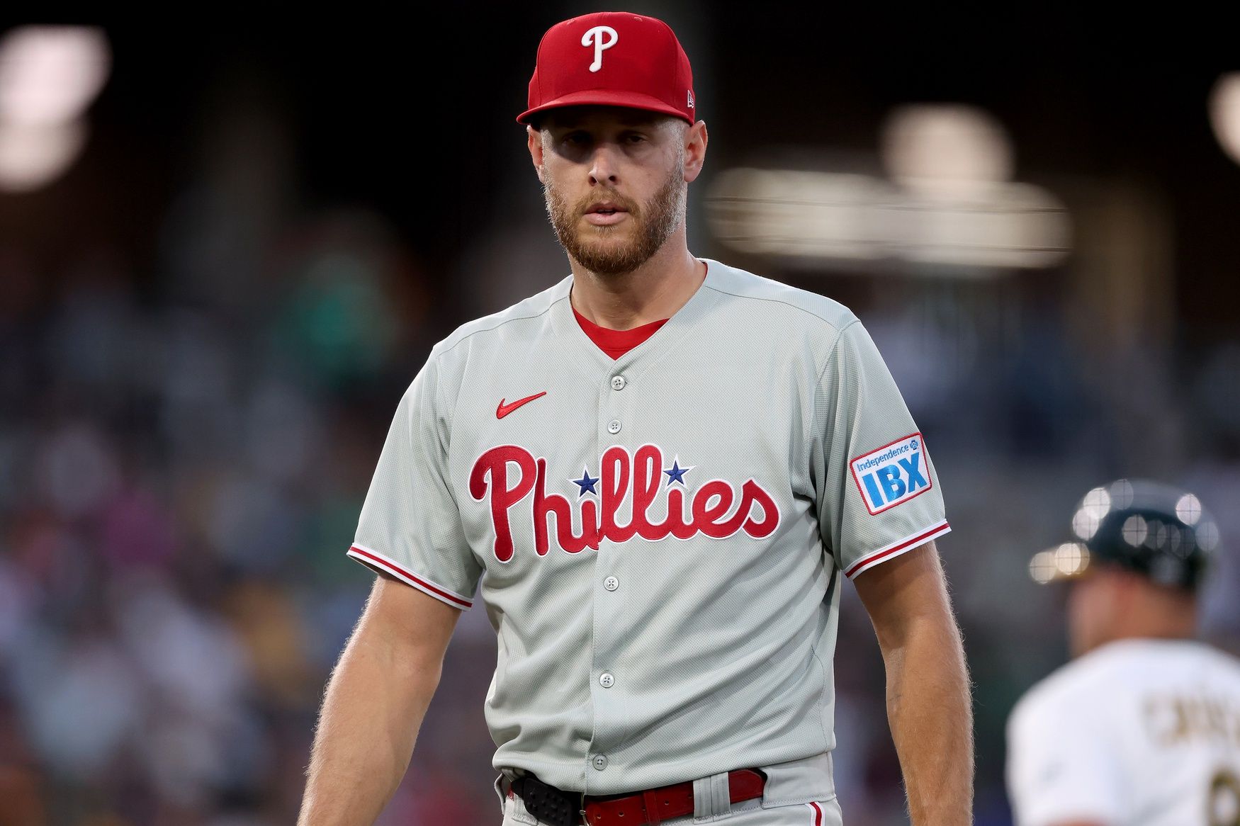 Philadelphia Phillies starting pitcher Zack Wheeler (45) walks back towards the dugout after the fourth inning against the Athletics at Sutter Health Park.