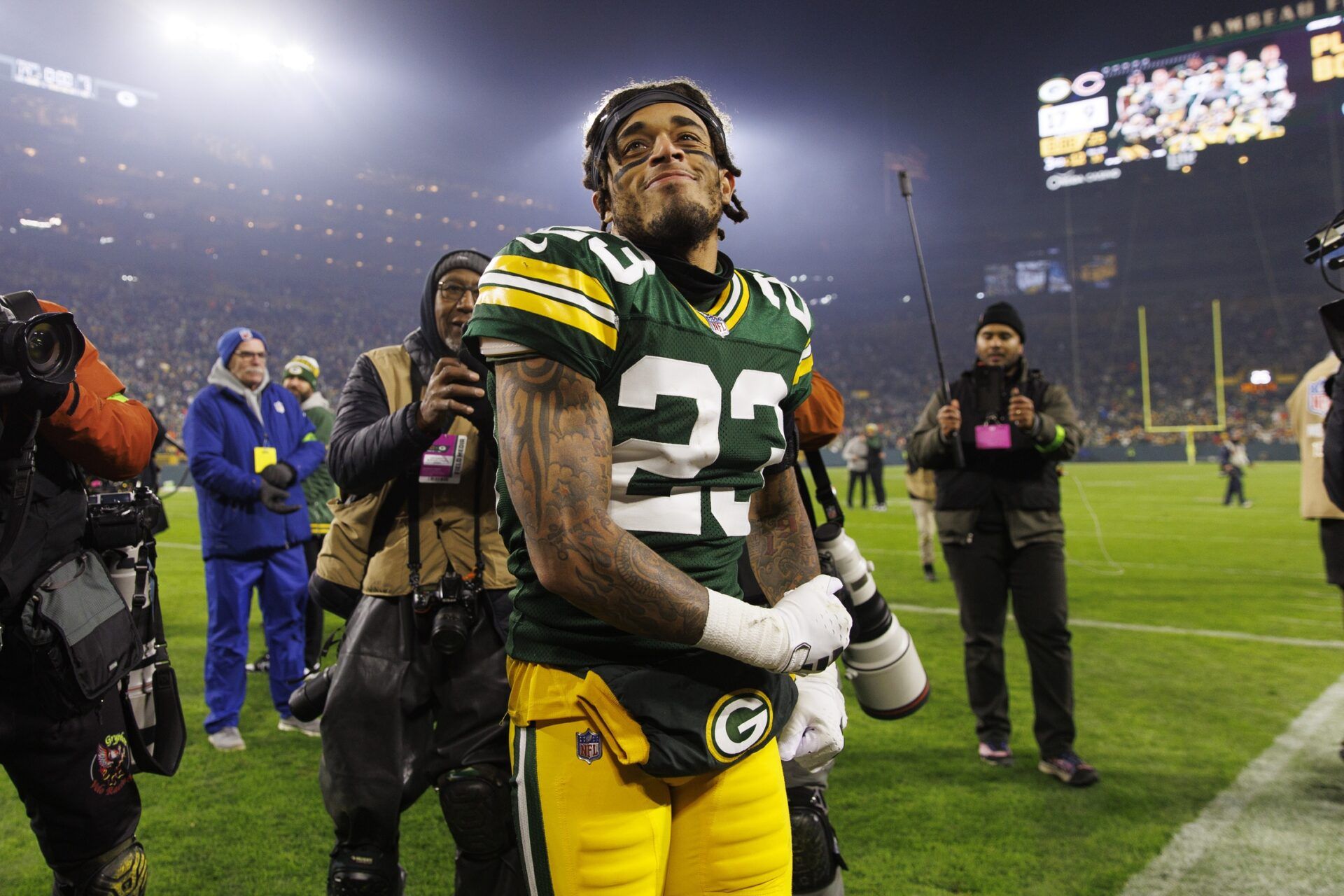 Green Bay Packers cornerback Jaire Alexander (23) celebrates following the game against the Chicago Bears at Lambeau Field.