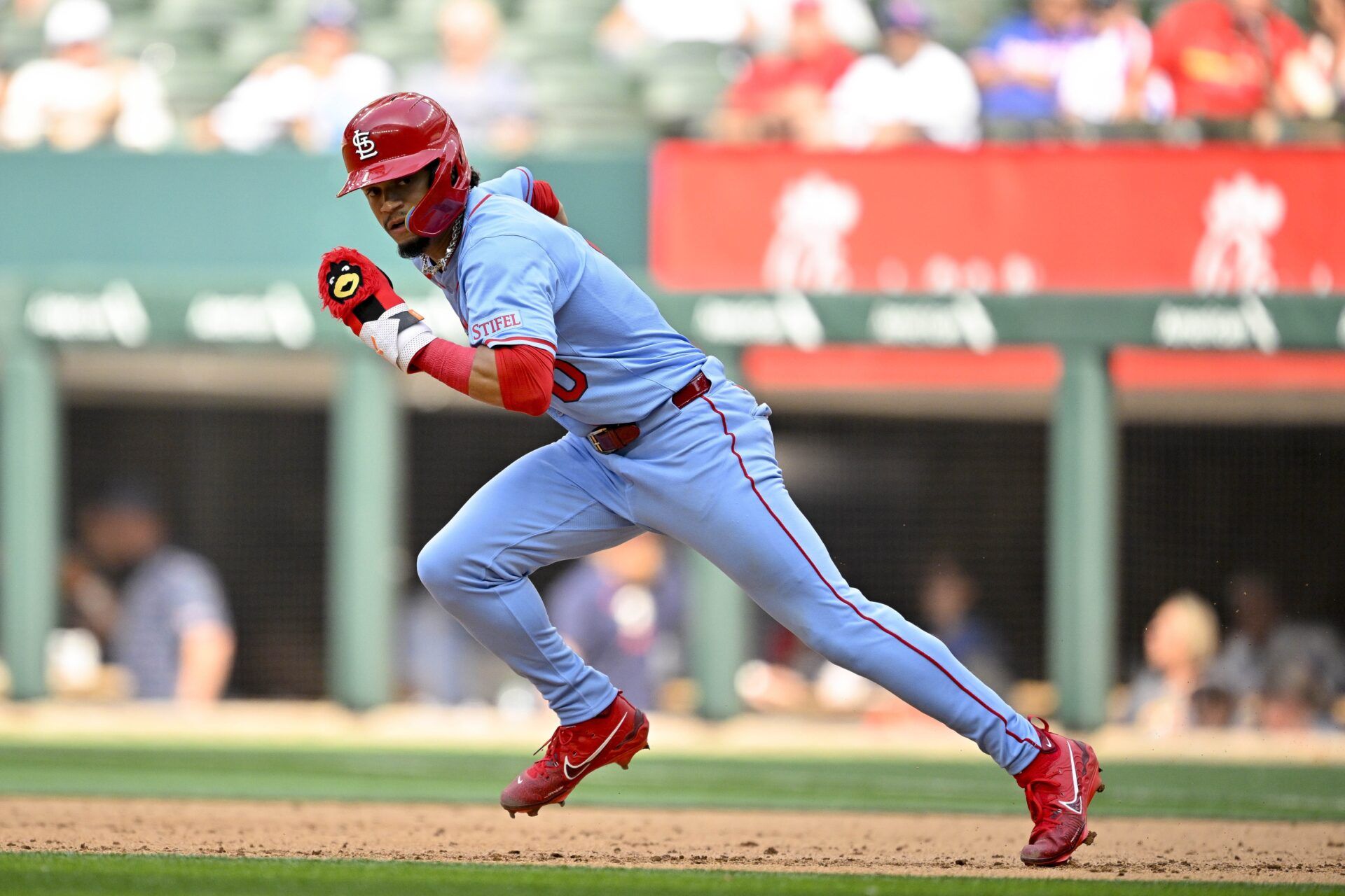 St. Louis Cardinals shortstop Masyn Winn (0) runs to second base during the eighth inning against the Texas Rangers at Globe Life Field.