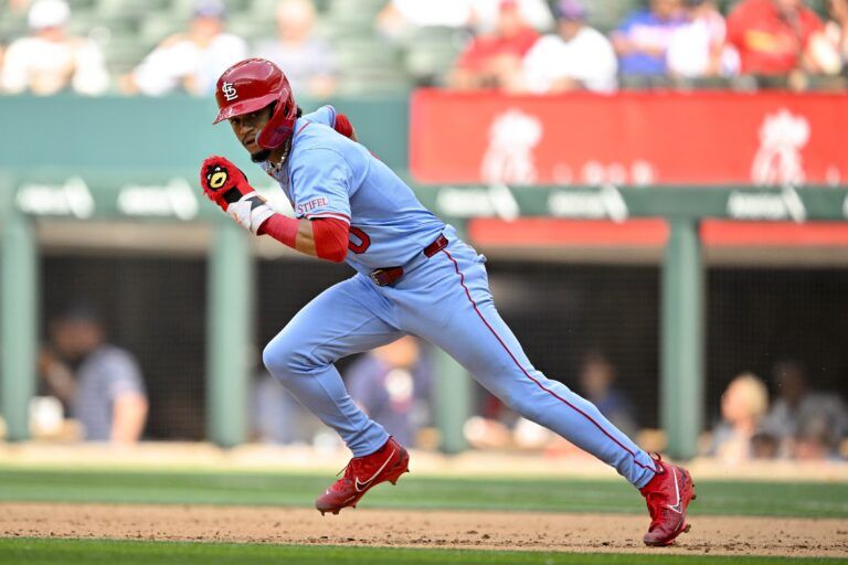 St. Louis Cardinals shortstop Masyn Winn (0) runs to second base during the eighth inning against the Texas Rangers at Globe Life Field.