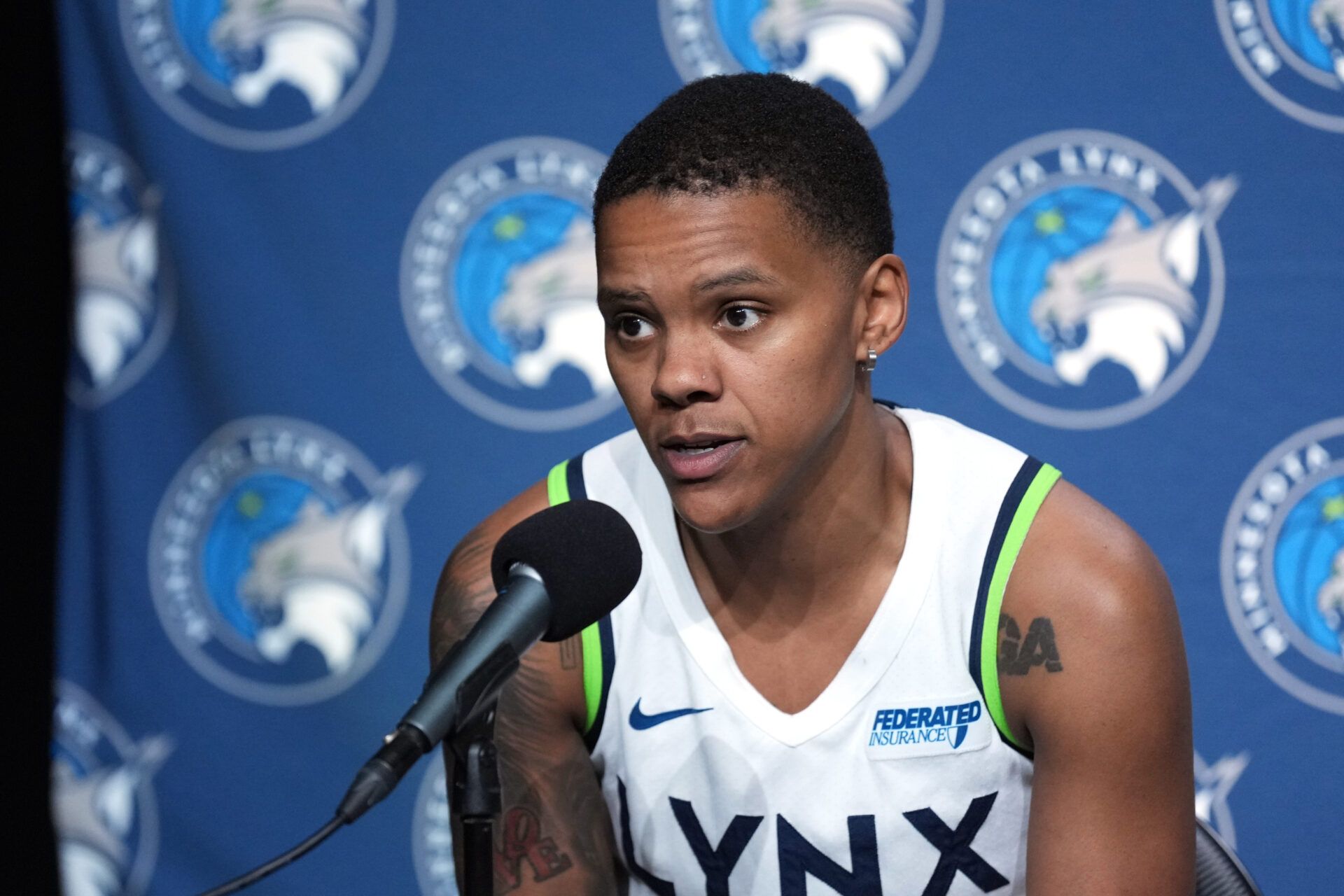Minnesota Lynx guard Courtney Williams (10) talks to media members after defeating the Golden State Valkyries at Chase Center.