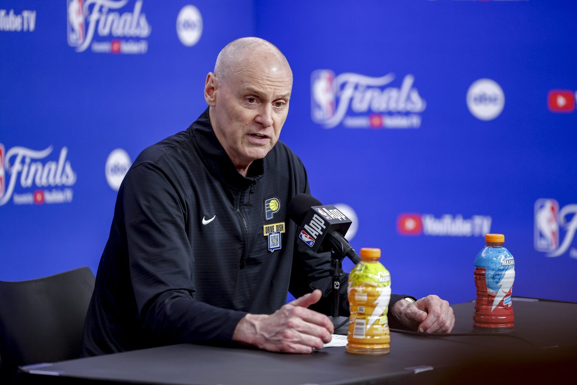 Indiana Pacers head coach Rick Carlisle speaks to the media after the Pacers defeat the Oklahoma City Thunder during game one of the 2025 NBA Finals at Paycom Center.