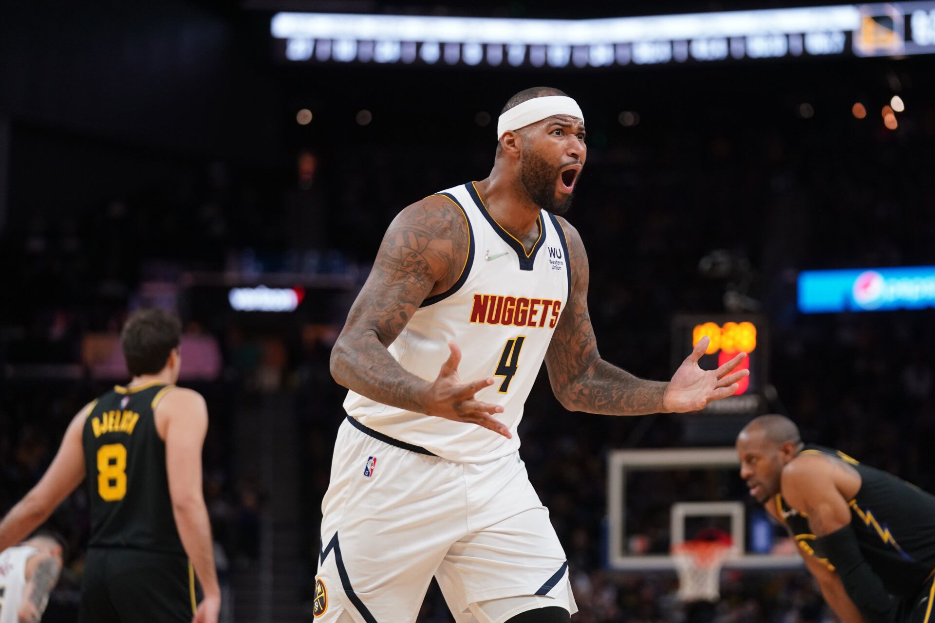 Denver Nuggets center DeMarcus Cousins (4) reacts after being called for a technical foul against the Golden State Warriors in the fourth quarter during game one of the first round for the 2022 NBA playoffs at the Chase Center.