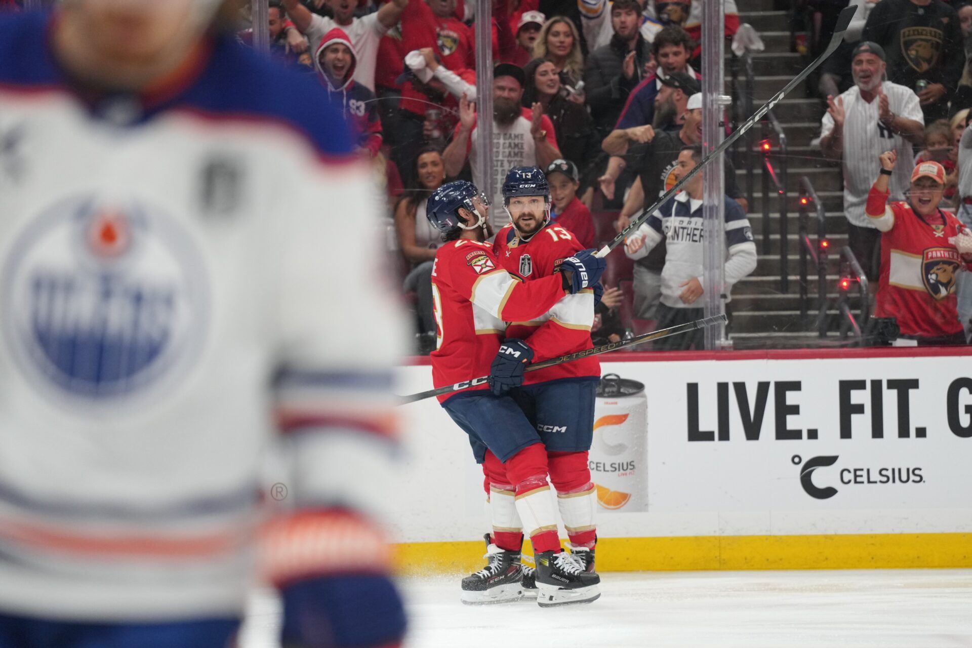 Florida Panthers forward Sam Reinhart (13) celebrates scoring during the second period against the Edmonton Oilers in game three of the 2025 Stanley Cup Final at Amerant Bank Arena.
