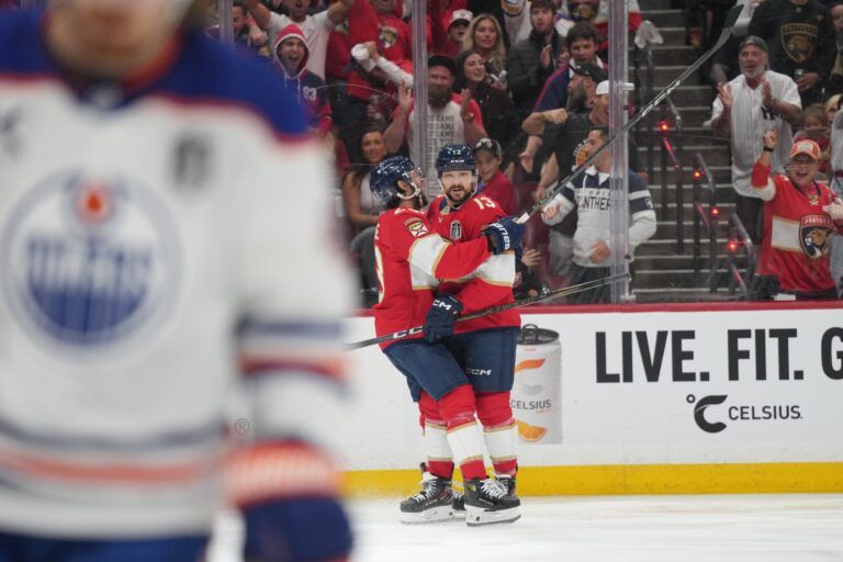 Florida Panthers forward Sam Reinhart (13) celebrates scoring during the second period against the Edmonton Oilers in game three of the 2025 Stanley Cup Final at Amerant Bank Arena.