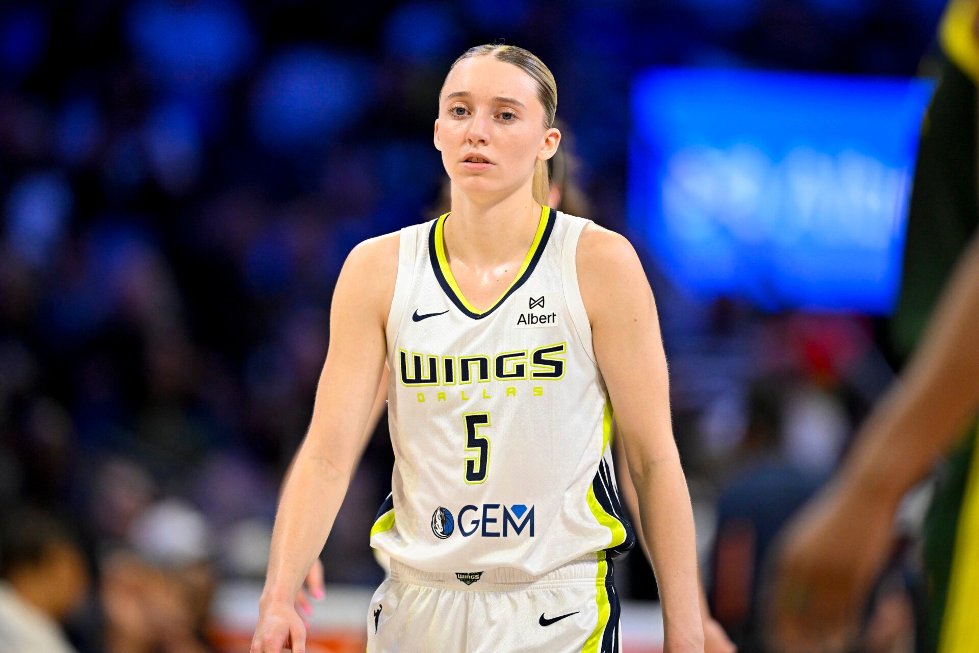 Dallas Wings guard Paige Bueckers (5) in action during the game between the Dallas Wings and the Seattle Storm at College Park Center.