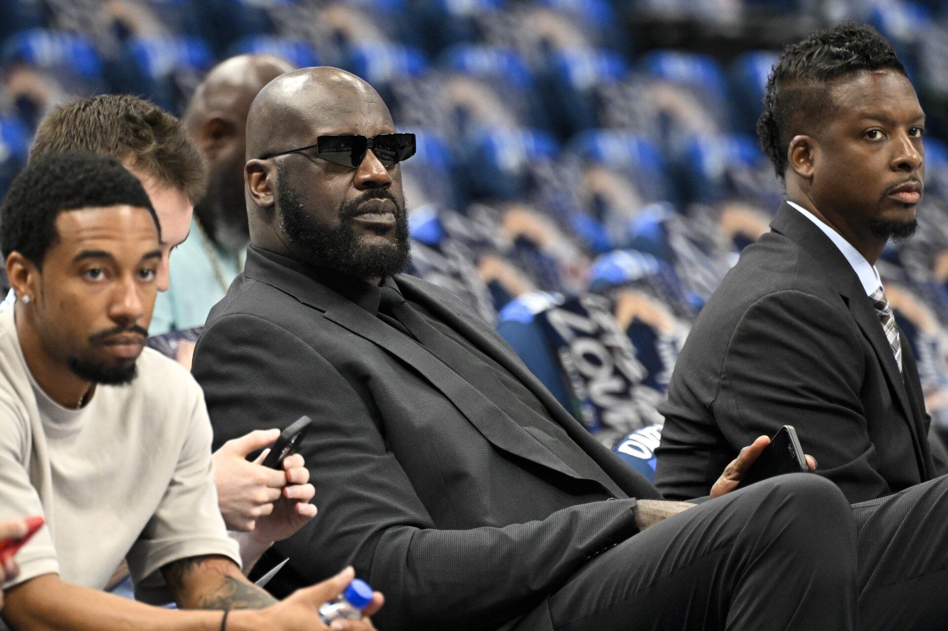 Shaquille O'Neal before the game between the Dallas Mavericks and the Minnesota Timberwolves in game three of the western conference finals for the 2024 NBA playoffs at American Airlines Center.