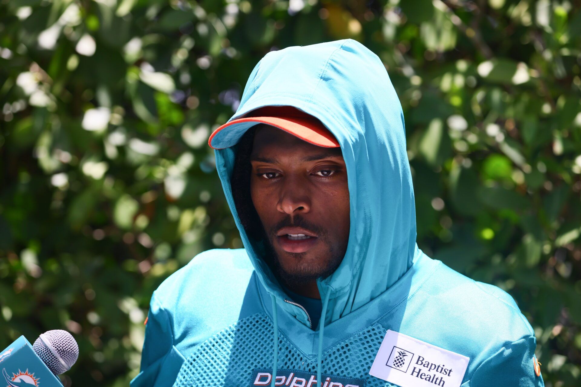 Miami Dolphins cornerback Jalen Ramsey (5) speaks to reporters during mandatory minicamp at Baptist Health Training Complex.