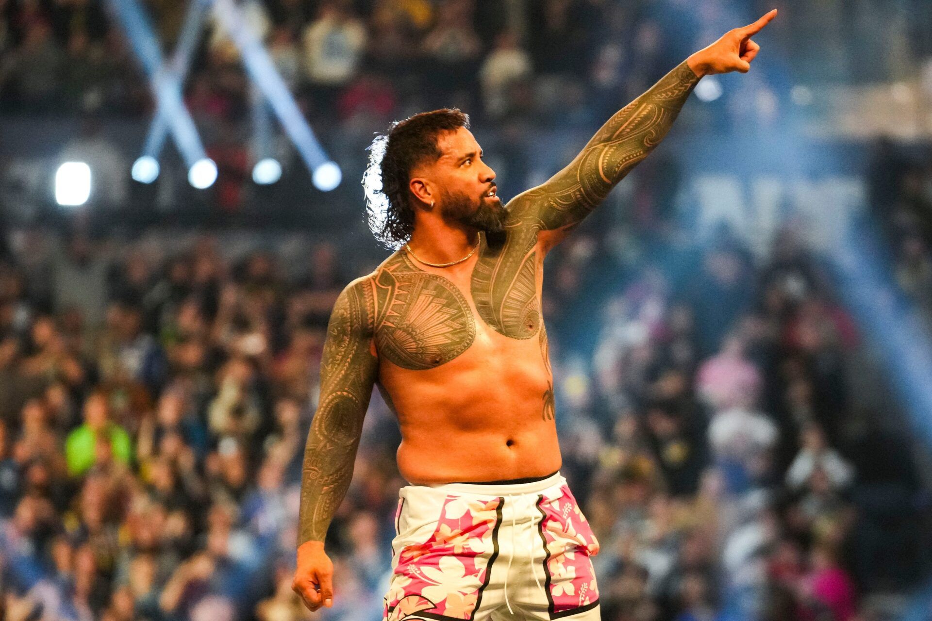 Jey Uso celebrates winning Saturday, Feb. 1, 2025, during the WWE Royal Rumble at Lucas Oil Stadium in Indianapolis.