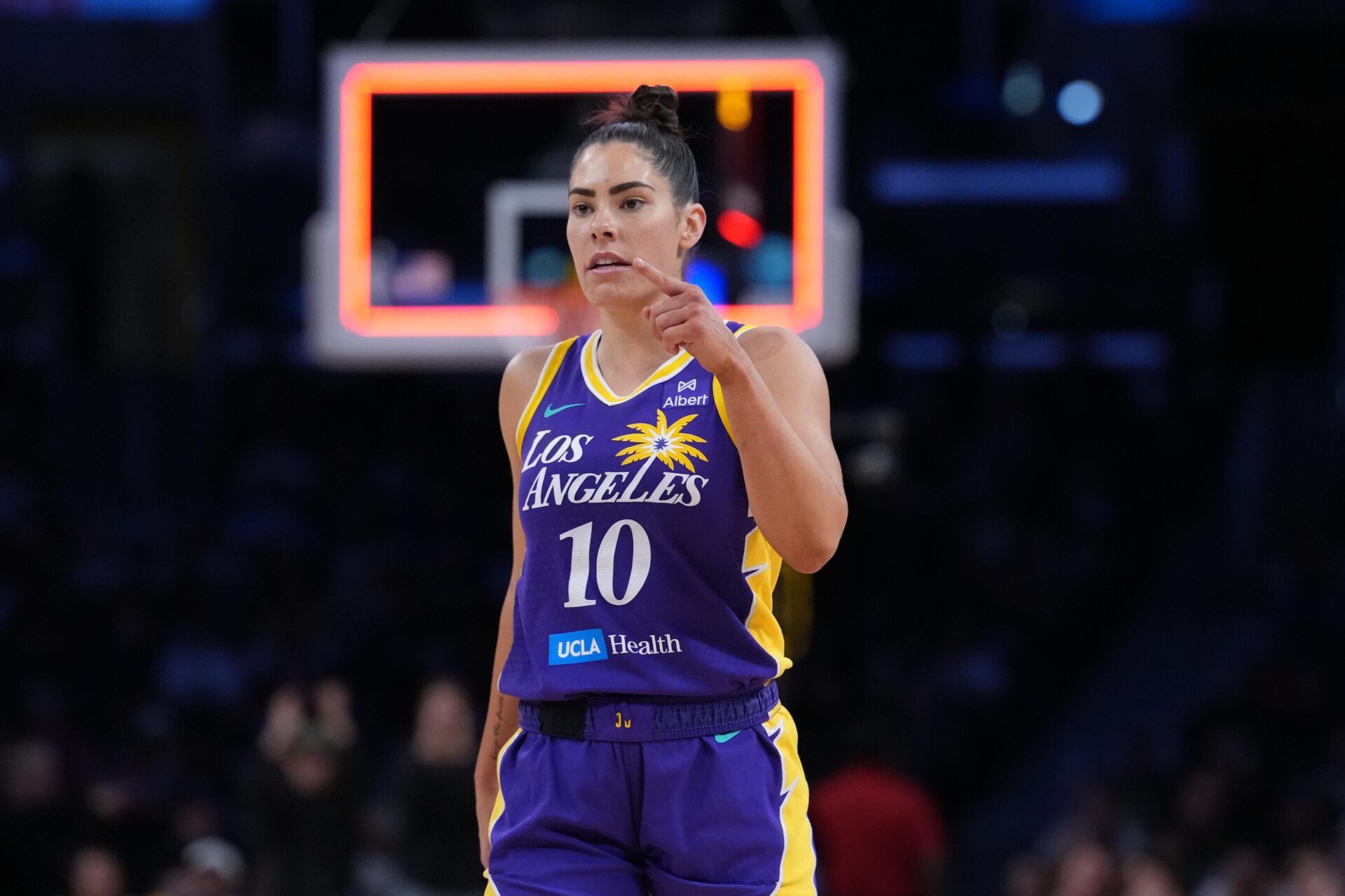 LA Sparks guard Kelsey Plum (10) reacts at the end of the first half against the Golden State Valkyries at Crypto.com Arena.