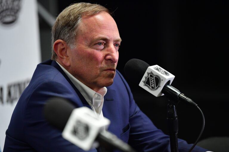 NHL commissioner Gary Bettman speaks during media availabilities before the Los Angeles Kings play against the Utah Hockey Club at Crypto.com Arena.