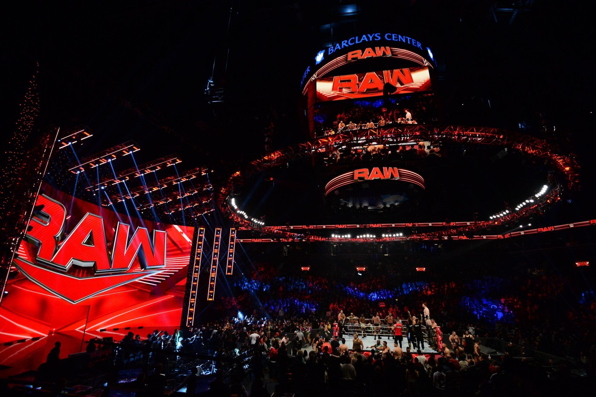 A general view of the lumberjack tag team match during WWE Raw at Barclays Center.
