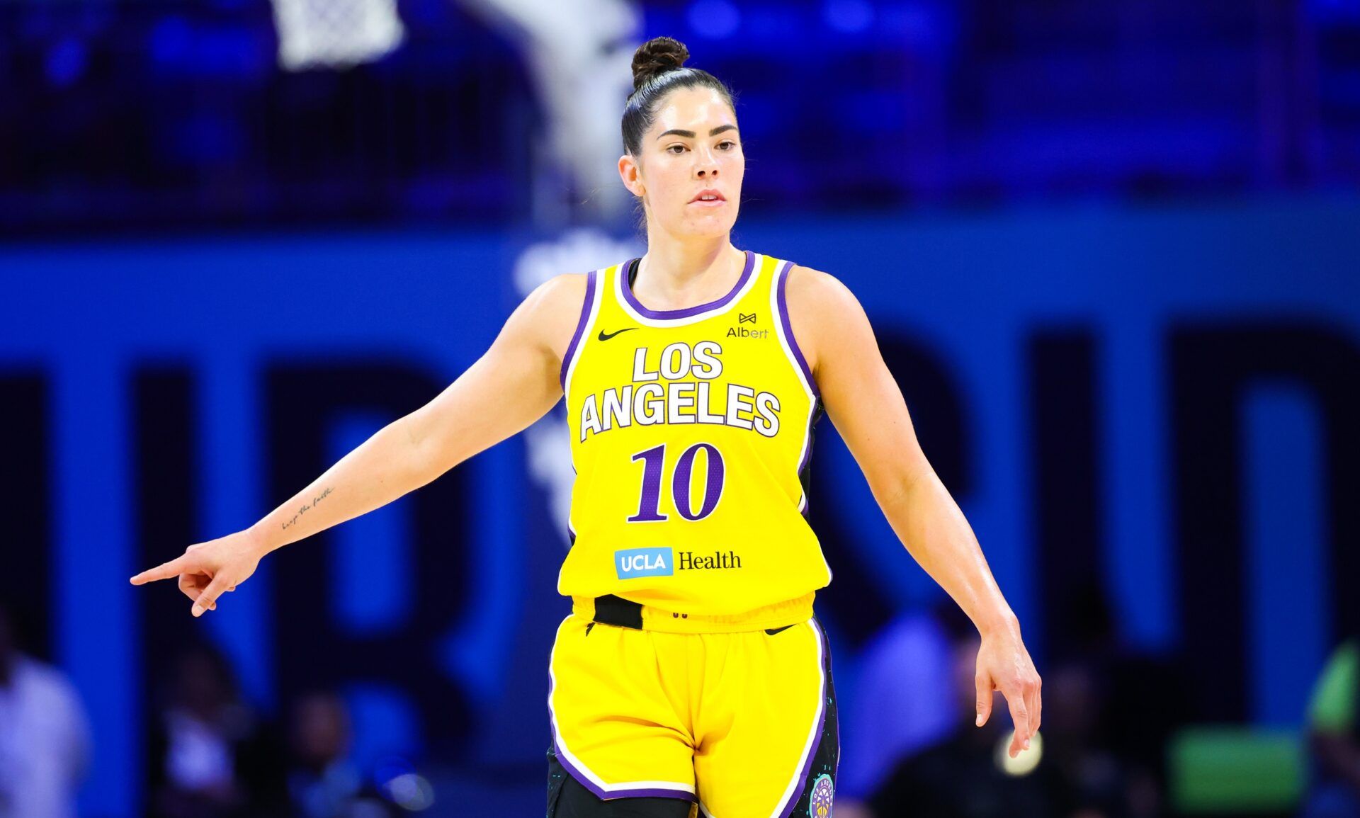Los Angeles Sparks guard Kelsey Plum (10) reacts during the first half against the Dallas Wings at College Park Center.