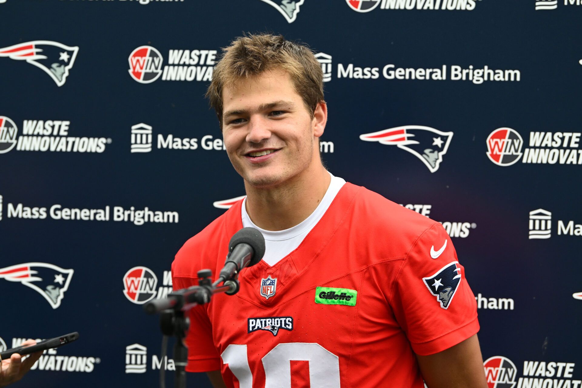 New England Patriots quarterback Drake Maye (10) holds a press conference after minicamp at Gillette Stadium.