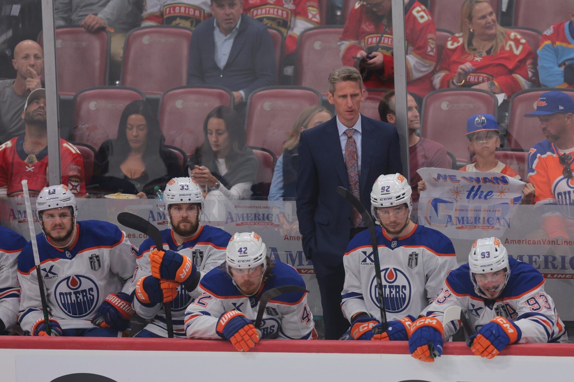 Edmonton Oilers head coach Kris Knoblauch looks on during the second period against the Florida Panthers in game three of the 2025 Stanley Cup Final at Amerant Bank Arena.
