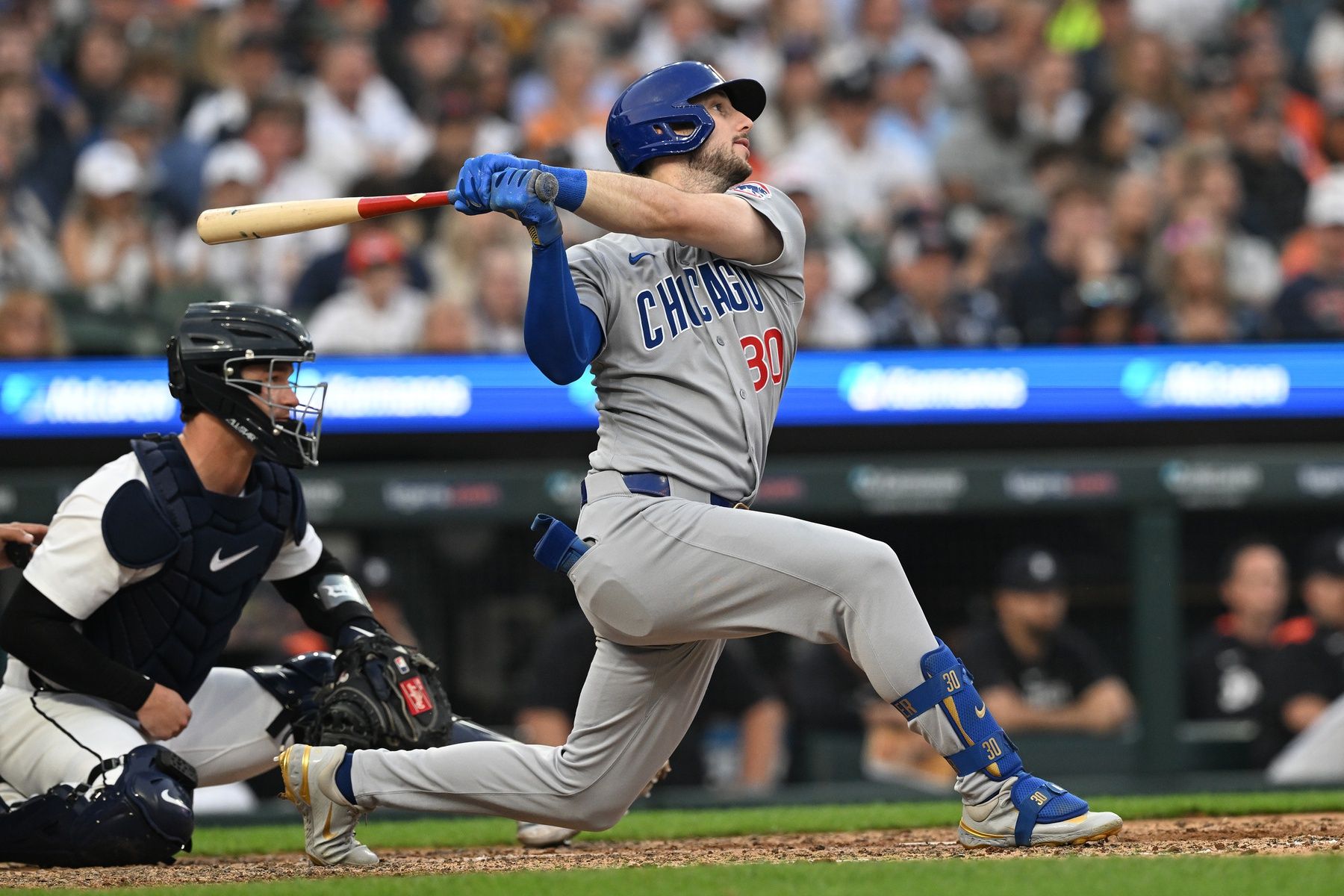 Chicago Cubs right fielder Kyle Tucker (30) hits an RBI double against the Detroit Tigers in the sixth inning at Comerica Park.