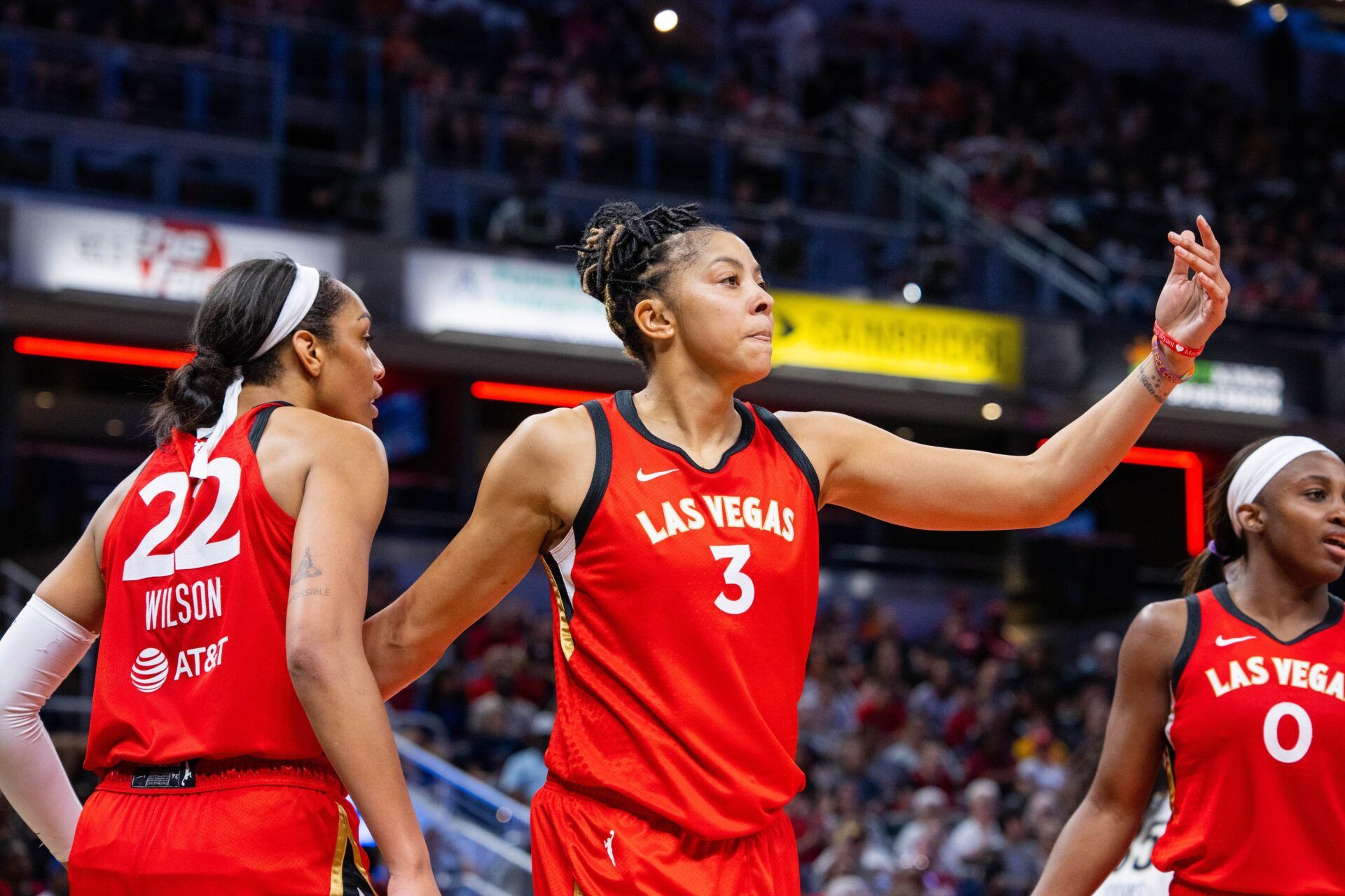 Las Vegas Aces forward Candace Parker (3) calls in teammates  in the second half against the Indiana Fever at Gainbridge Fieldhouse.