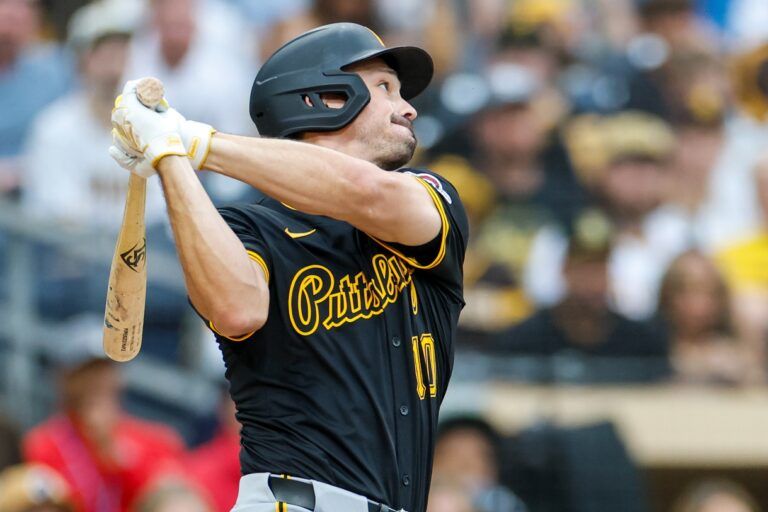 Pittsburgh Pirates right fielder Bryan Reynolds (10) hits an rbi single during the first inning against the San Diego Padres at Petco Park.