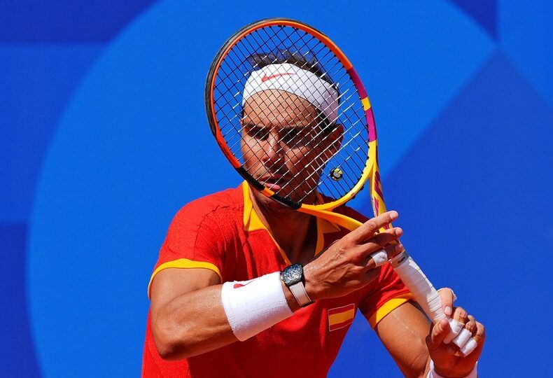 Rafael Nadal (ESP) plays against Novak Djokovic (SRB) in the men’s tennis sinlges first round during the Paris 2024 Olympic Summer Games at Stade Roland Garros.