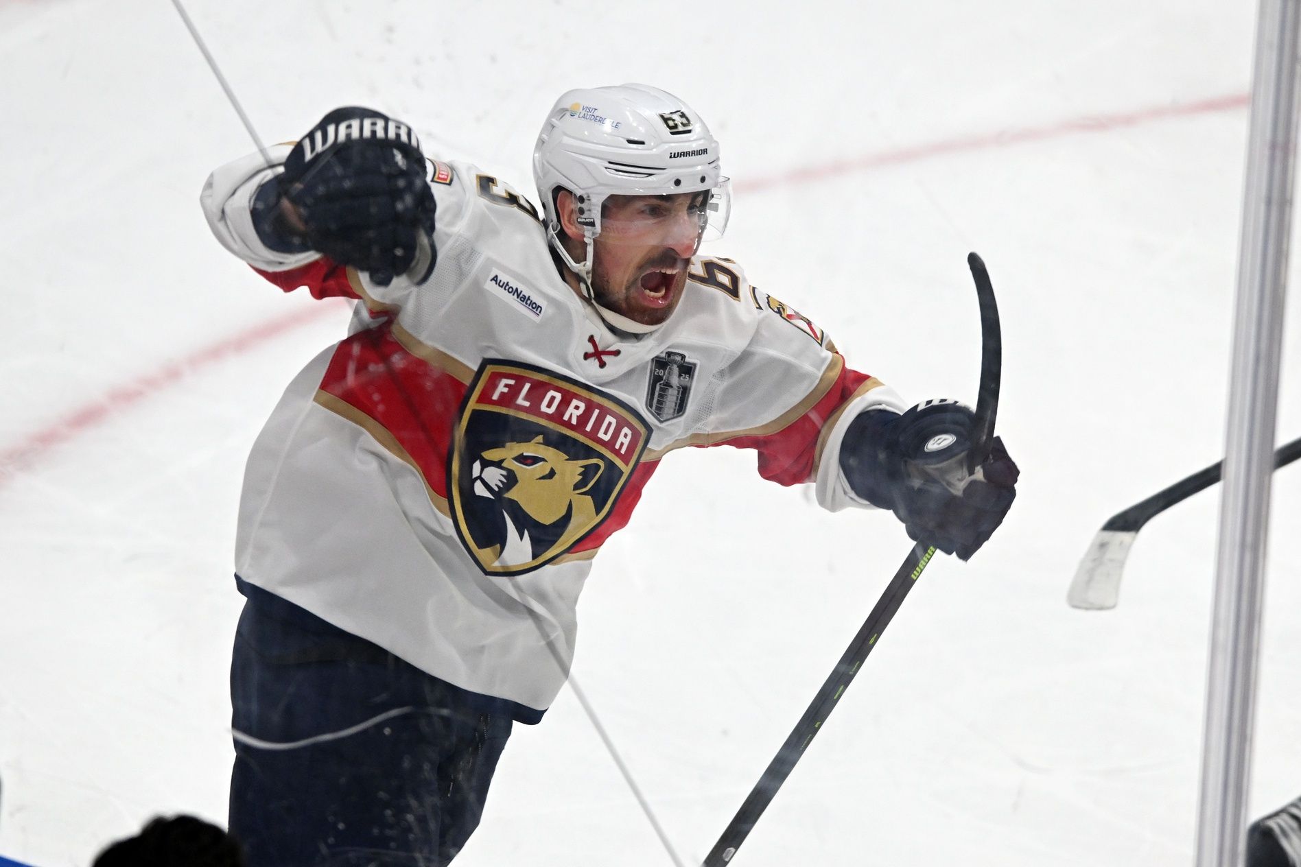 Florida Panthers center Brad Marchand (63) reacts after scoring a goal on Edmonton Oilers goaltender Stuart Skinner (74) during the second period in game two of the 2025 Stanley Cup Final at Rogers Place.