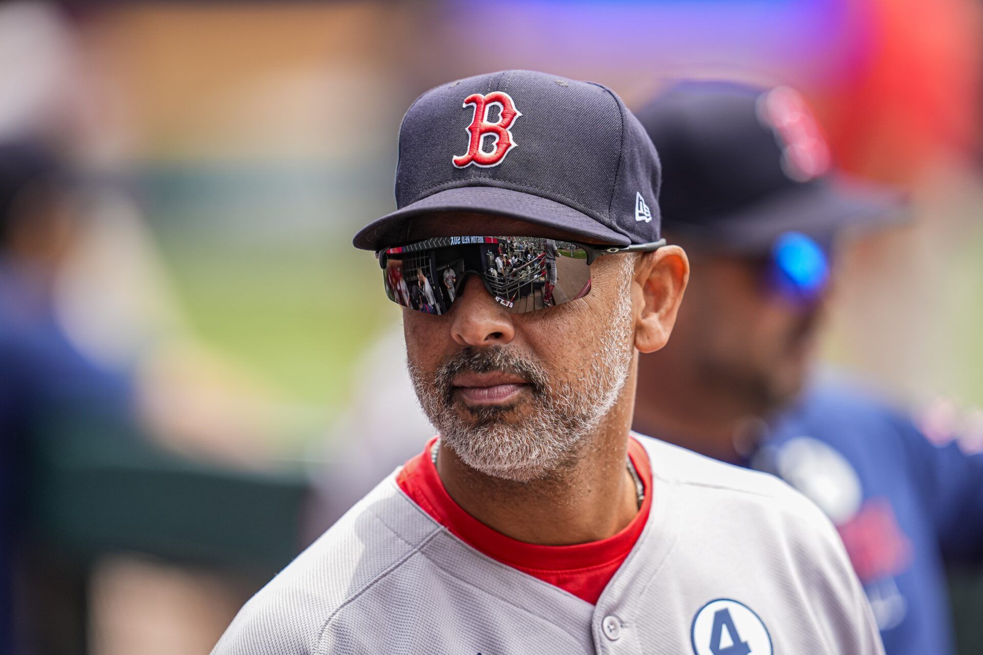 Boston Red Sox manager Alex Cora (13) shown in the dugout before the game against the Atlanta Braves at Truist Park.