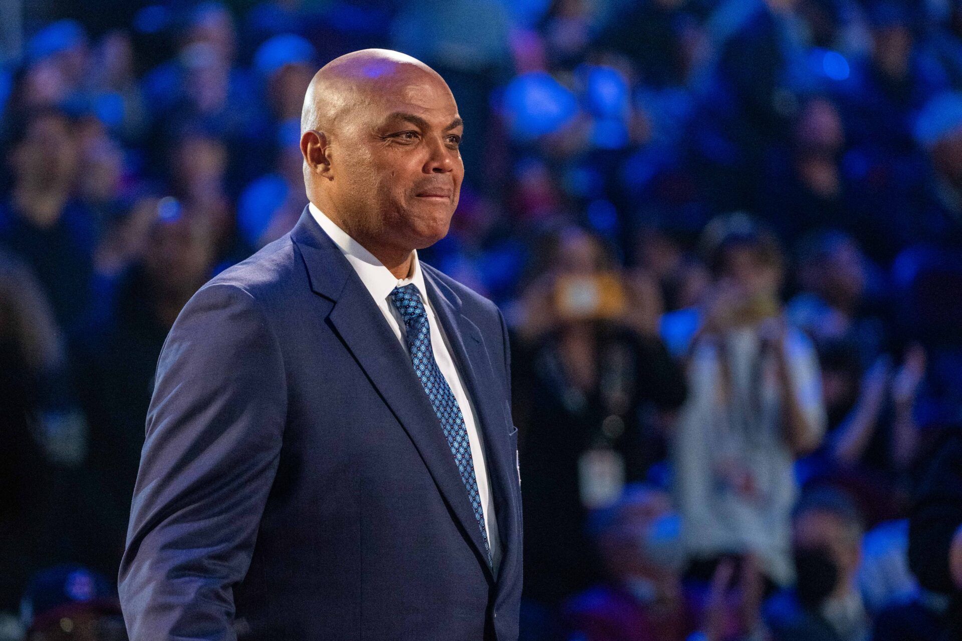 NBA great Charles Barkley is honored for being selected to the NBA 75th Anniversary Team during halftime in the 2022 NBA All-Star Game at Rocket Mortgage FieldHouse.