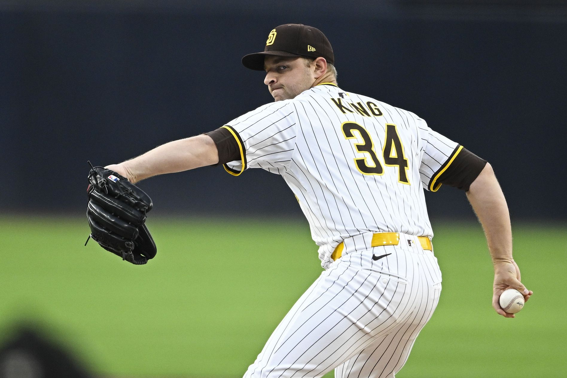San Diego Padres starting pitcher Michael King (34) delivers during the first inning against the Los Angeles Angels at Petco Park.