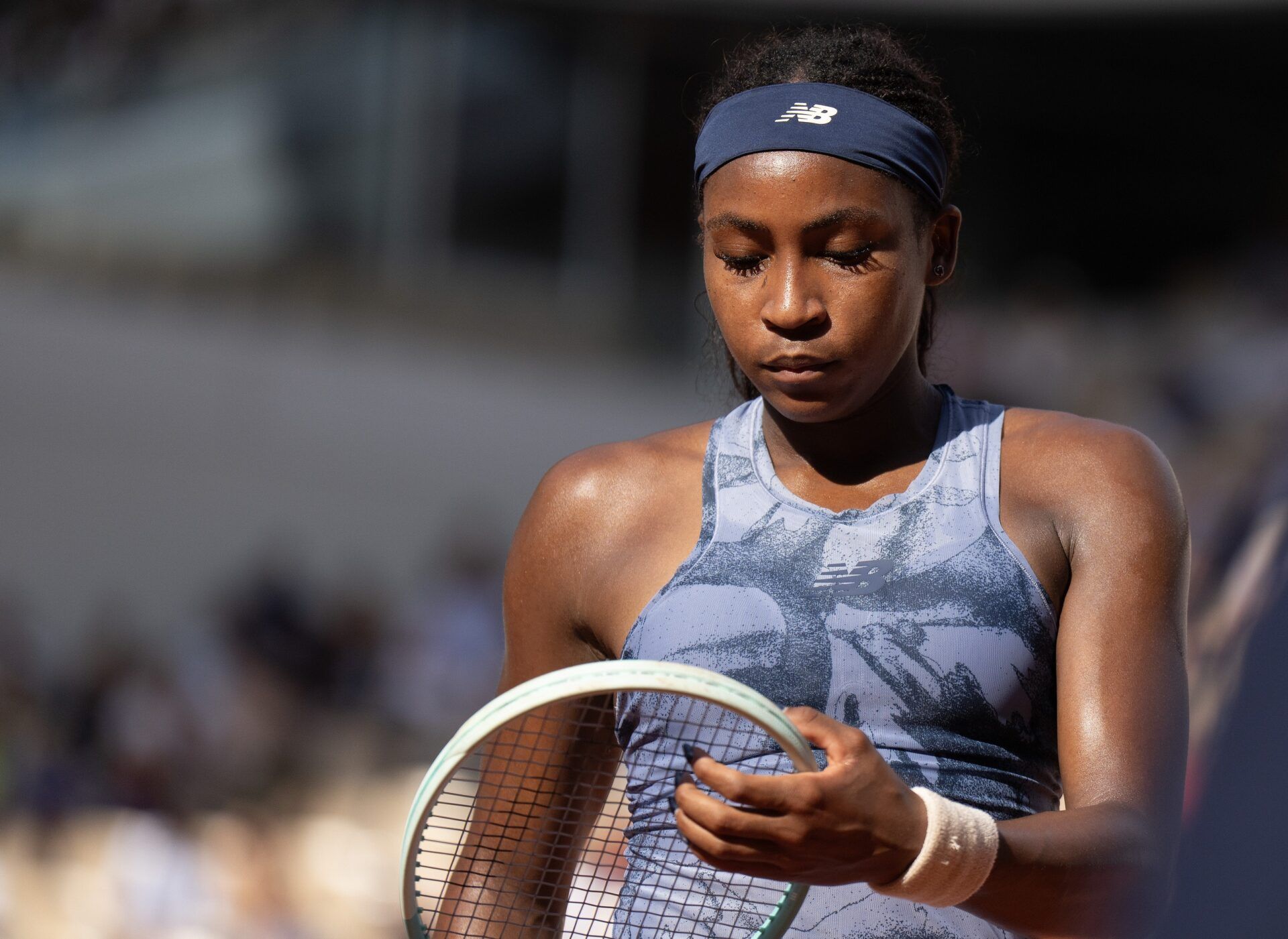 Coco Gauff of the United States  during her match against Marie Bouzkova of the Czech Republic  on day seven at Roland Garros Stadium.