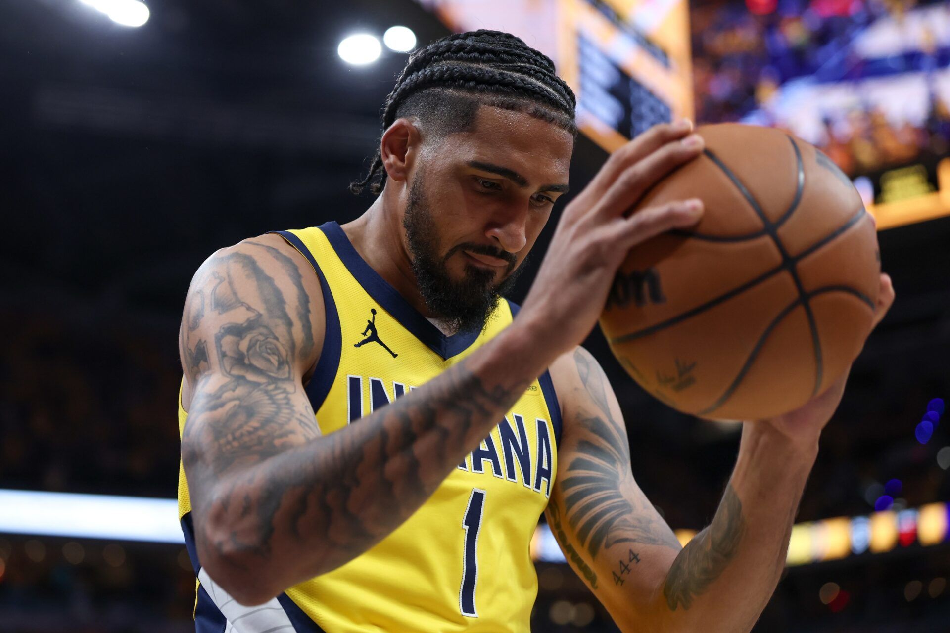Indiana Pacers forward Obi Toppin (1) holds onto the ball in the third quarter during game six of the eastern conference finals against the New York Knicks for the 2025 NBA Playoffs at Gainbridge Fieldhouse.