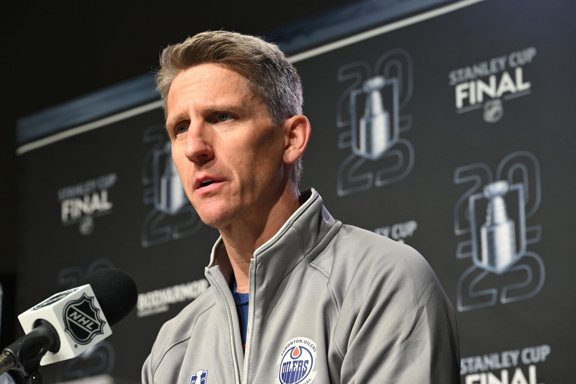 Edmonton Oilers head coach Kris Knoblauch is seen during media day in advance of the 2025 Stanley Cup Final at Rogers Place.