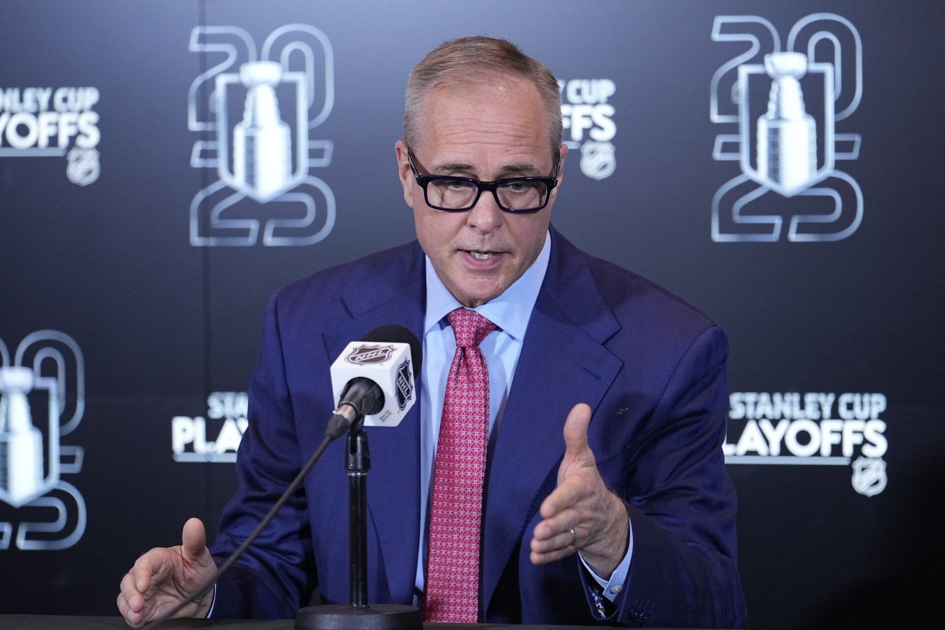 Florida Panthers head coach Paul Maurice during a post game press conference following game one in the second round of the 2025 Stanley Cup Playoffs against the Toronto Maple Leafs at Scotiabank Arena.