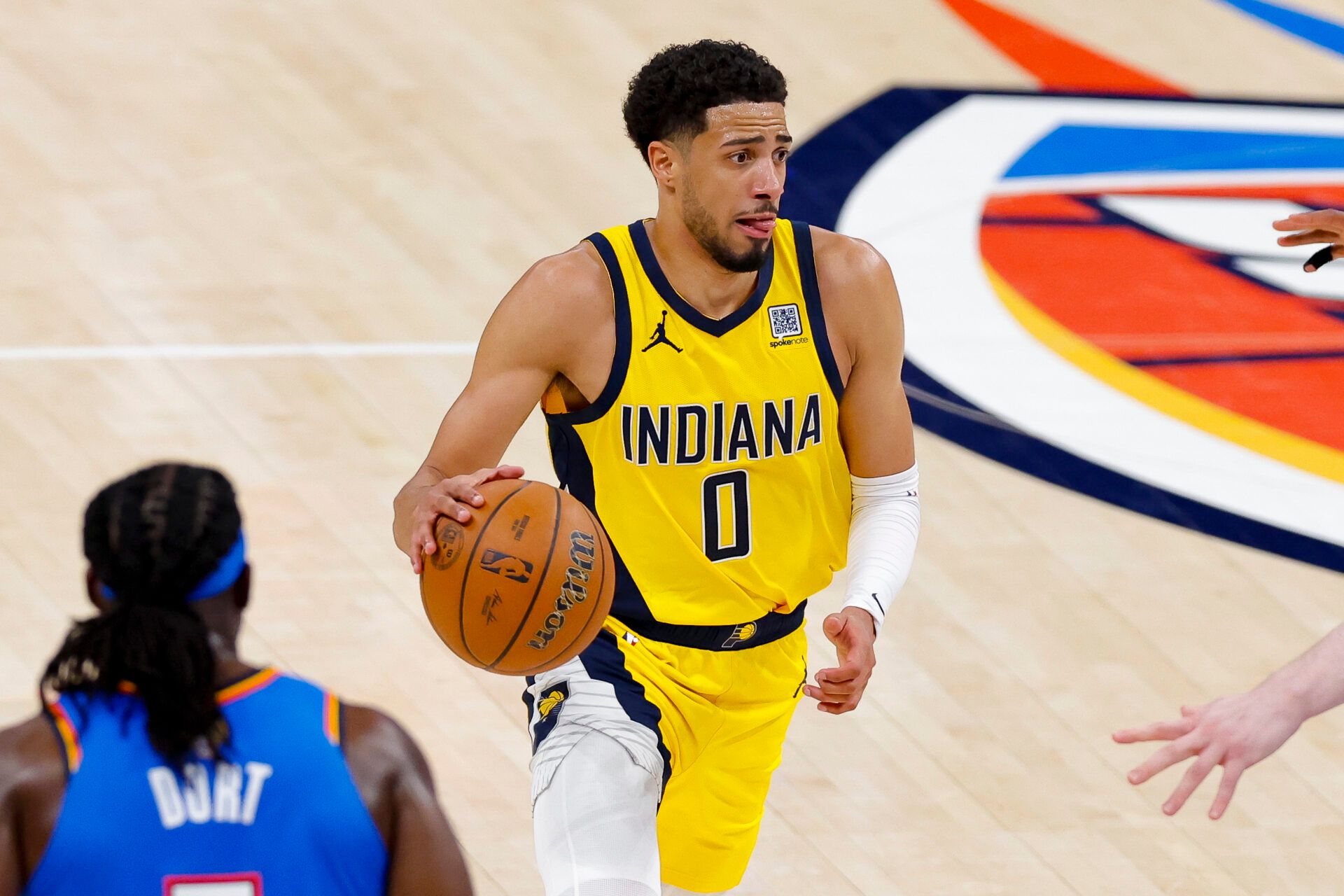 Indiana Pacers guard Tyrese Haliburton (0) brings the ball up court against the Oklahoma City Thunder during the third quarter of game two of the 2025 NBA Finals at Paycom Center.