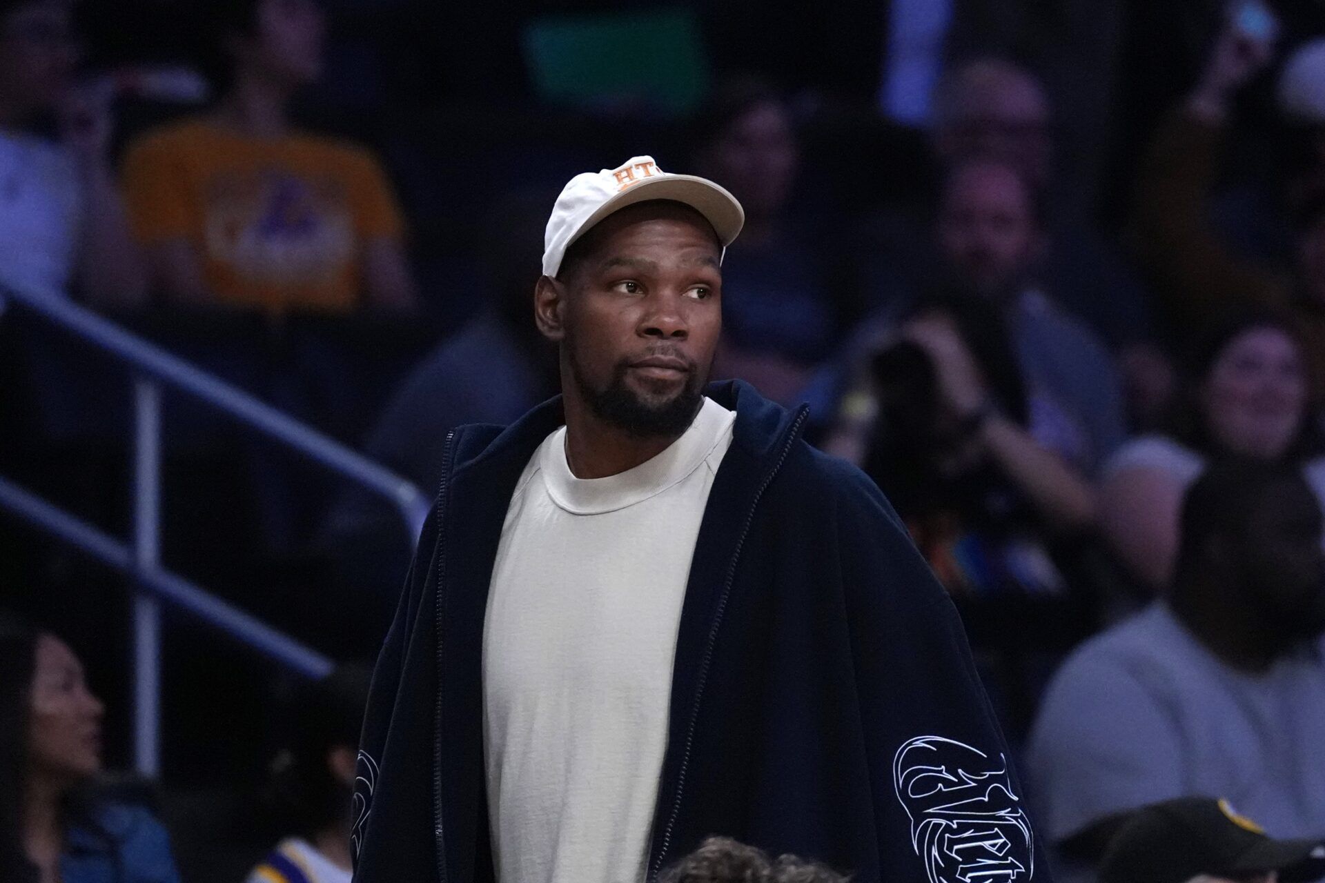 Kevin Durant attends a WNBA game between the Atlanta Dream and LA Sparks at Crypto.com Arena.